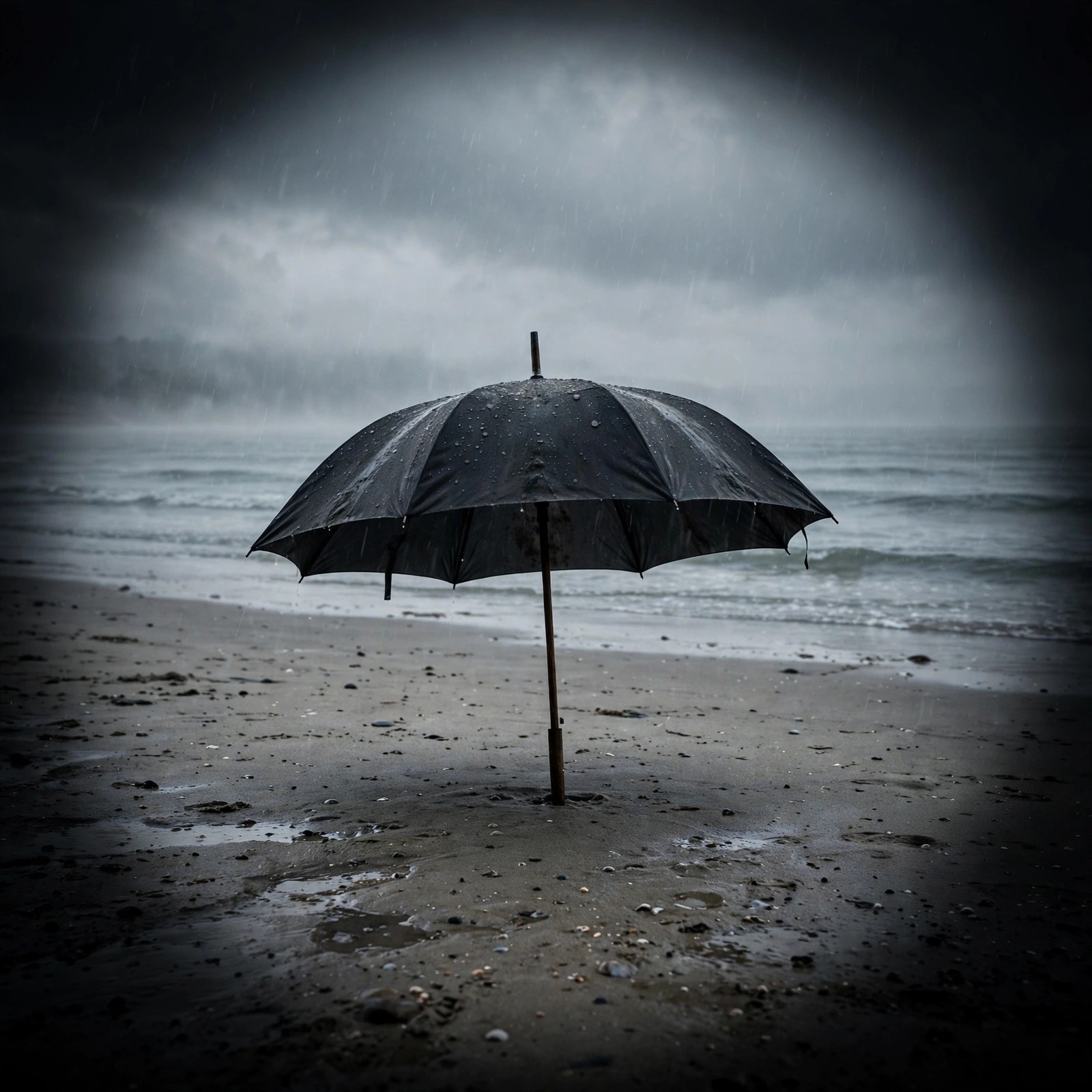 Lone umbrella on an empty beach in the rain, sad DP