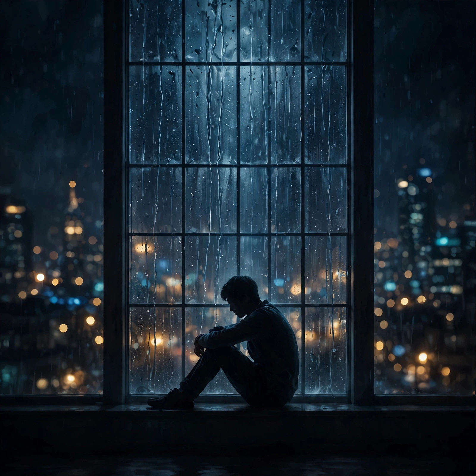 Lonely silhouette sitting by a tall window covered in rain streaks at night