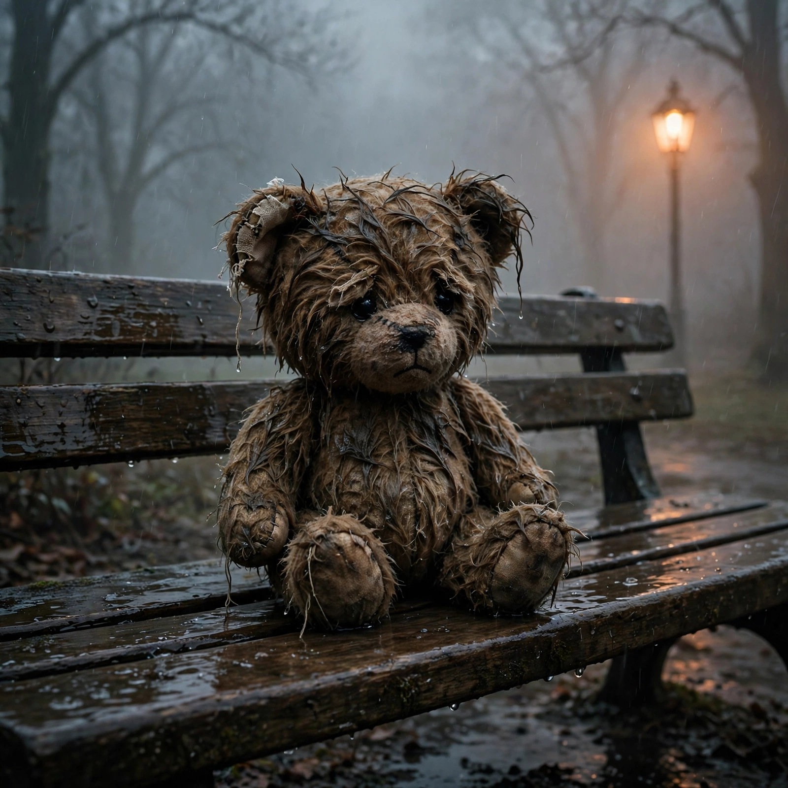 worn teddy bear sitting alone on rain soaked bench sad dp