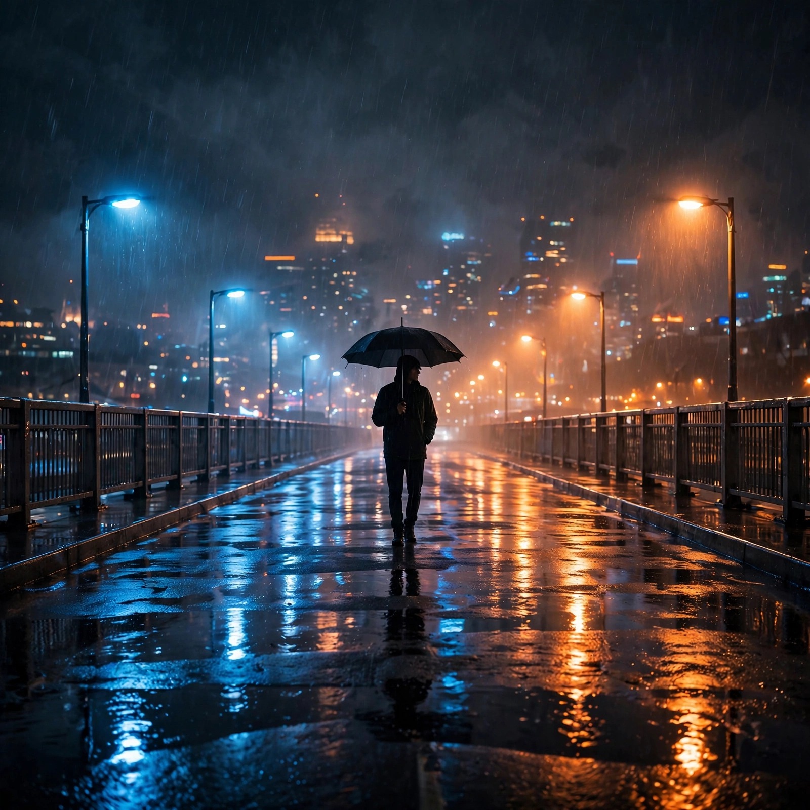 Lone silhouette with umbrella crossing a rainy city bridge at night, sad WhatsApp DP