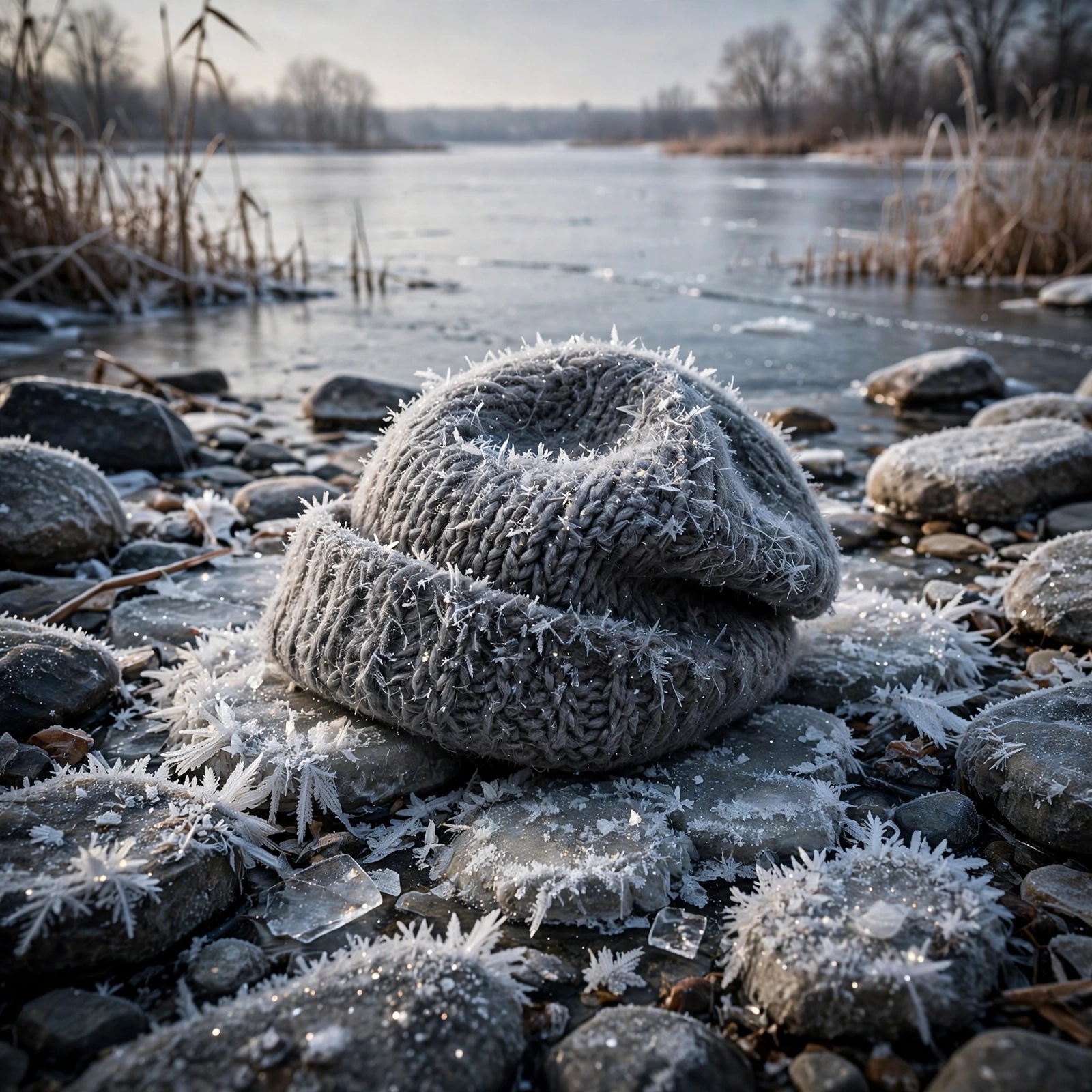 lost woollen hat frozen lakeshore