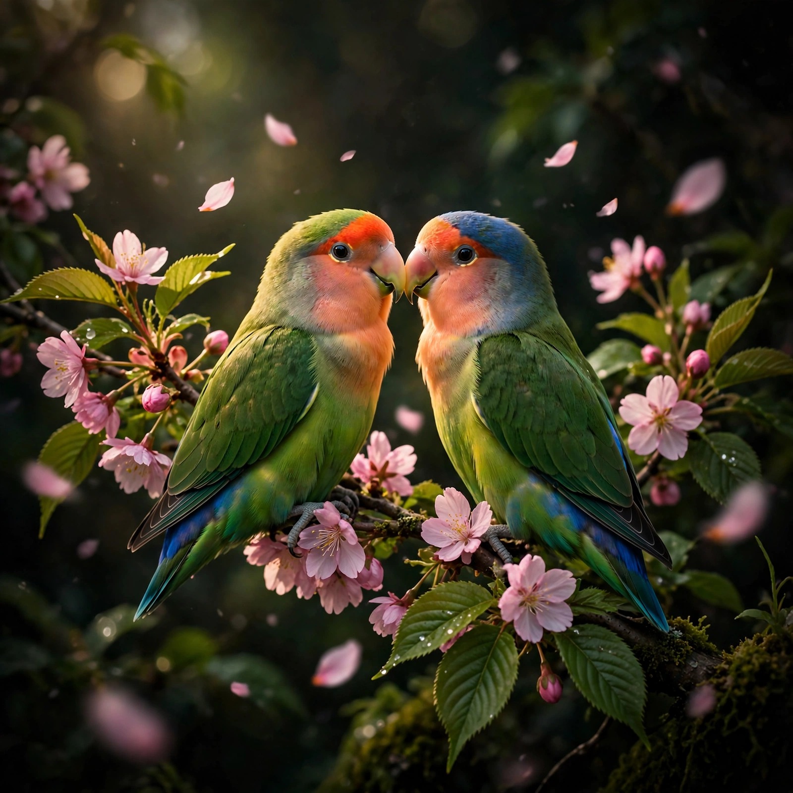 Two Lovebirds Touching Beaks on a Blossom Branch