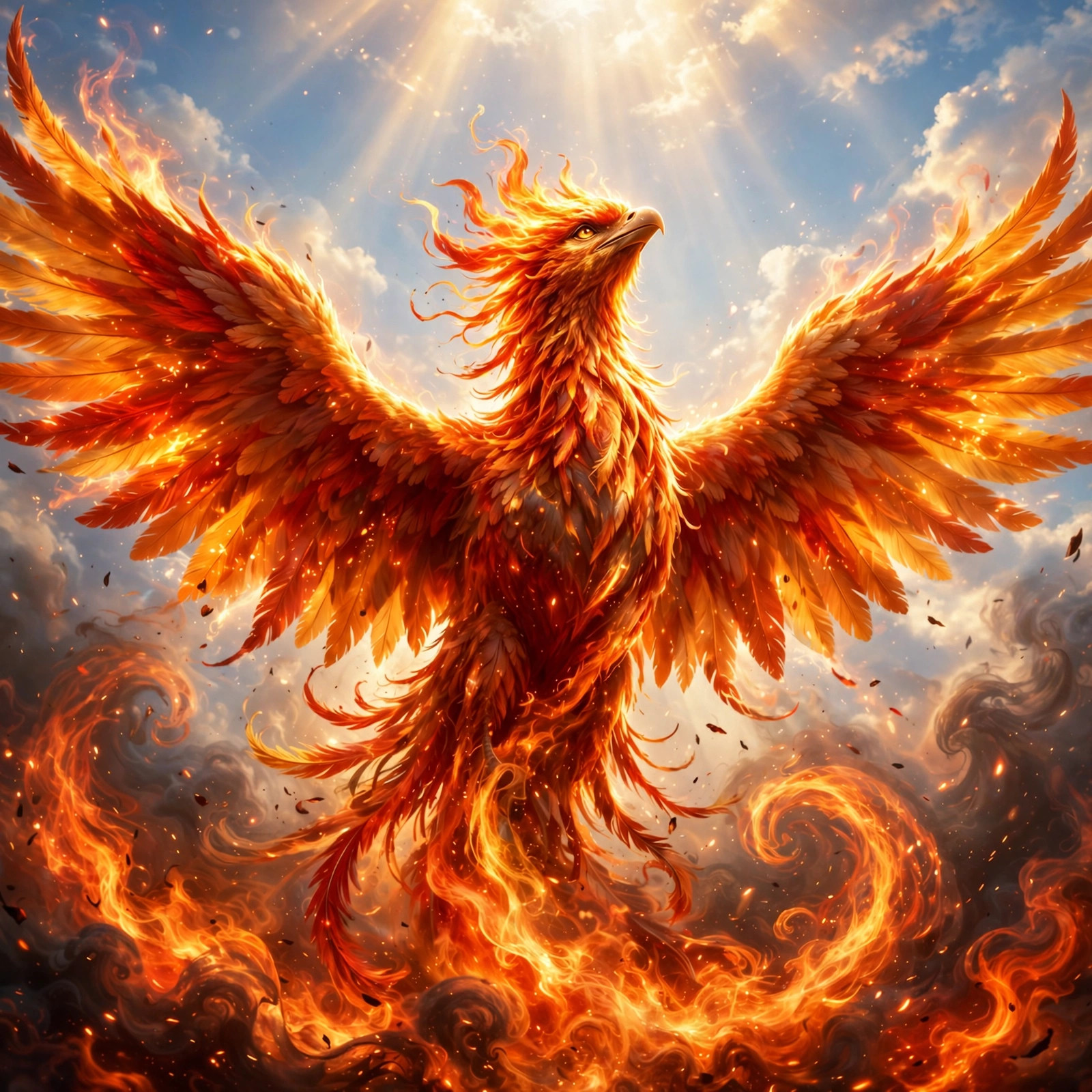 Magnificent phoenix rising from swirling flames into a bright open sky