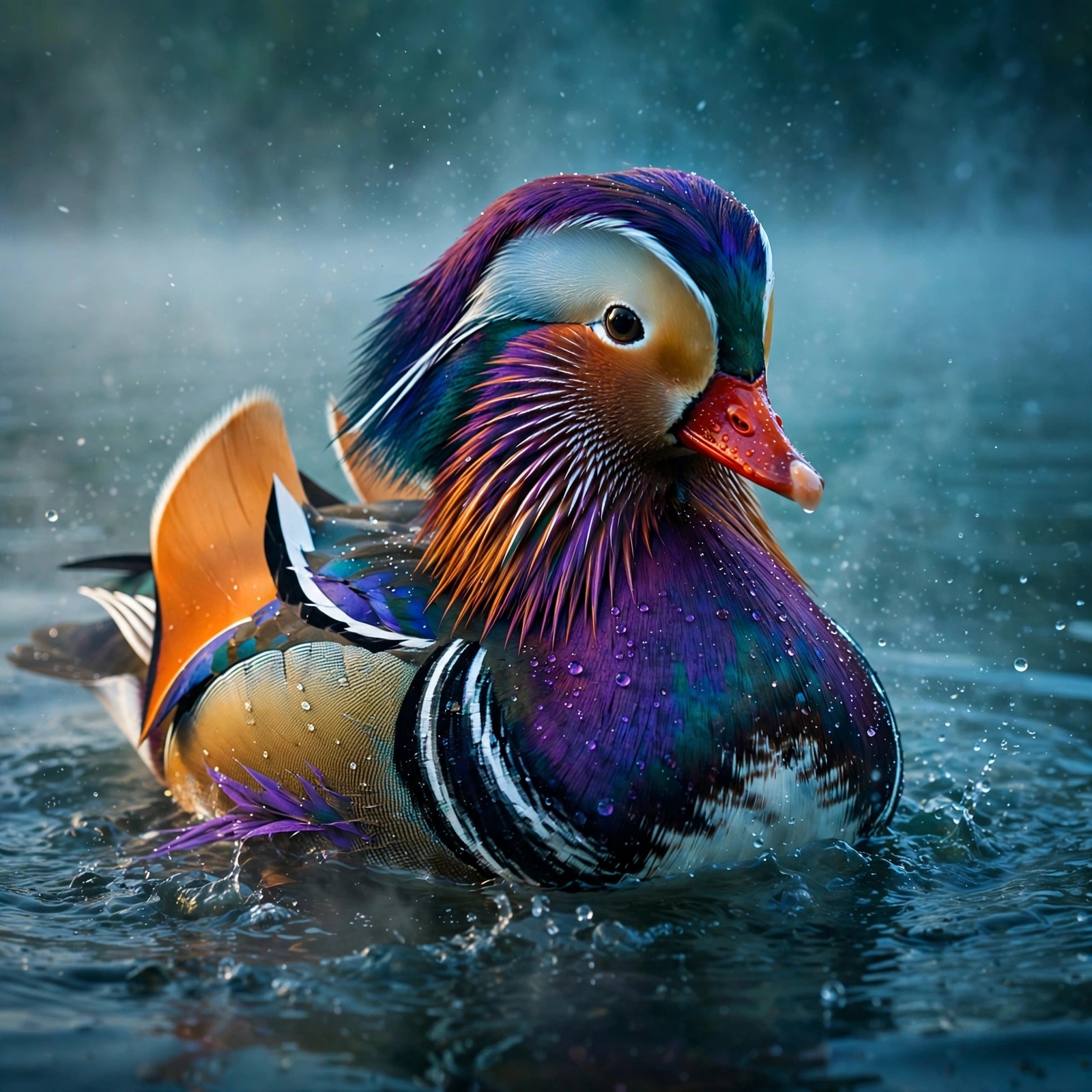 Colorful mandarin duck on misty lake at dawn, animals WhatsApp DP