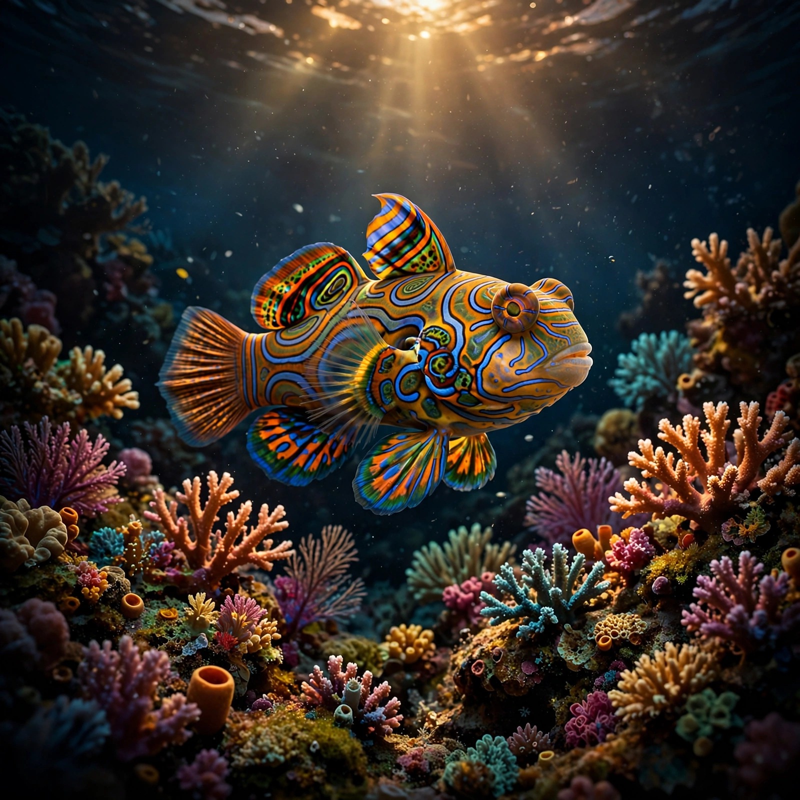 Mandarinfish over Coral at Dusk