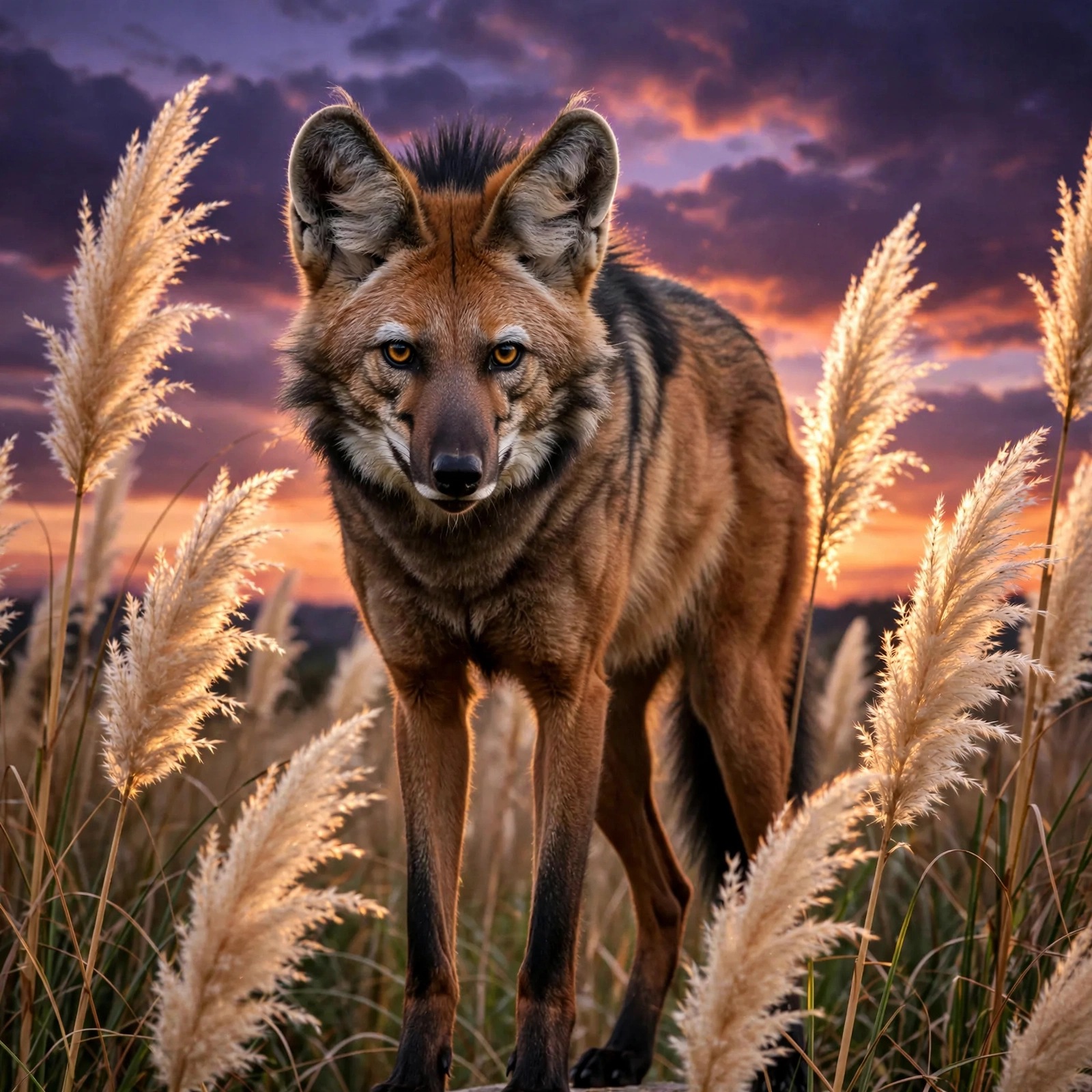 Maned wolf standing among pampas grass at dusk, animal WhatsApp DP