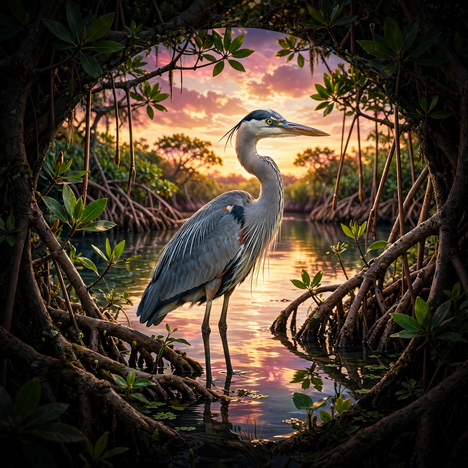 Grey heron in mangrove lagoon at sunset