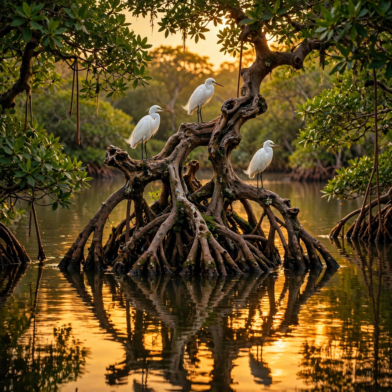 White egrets perched on mangrove roots at golden dusk, square nature WhatsApp DP