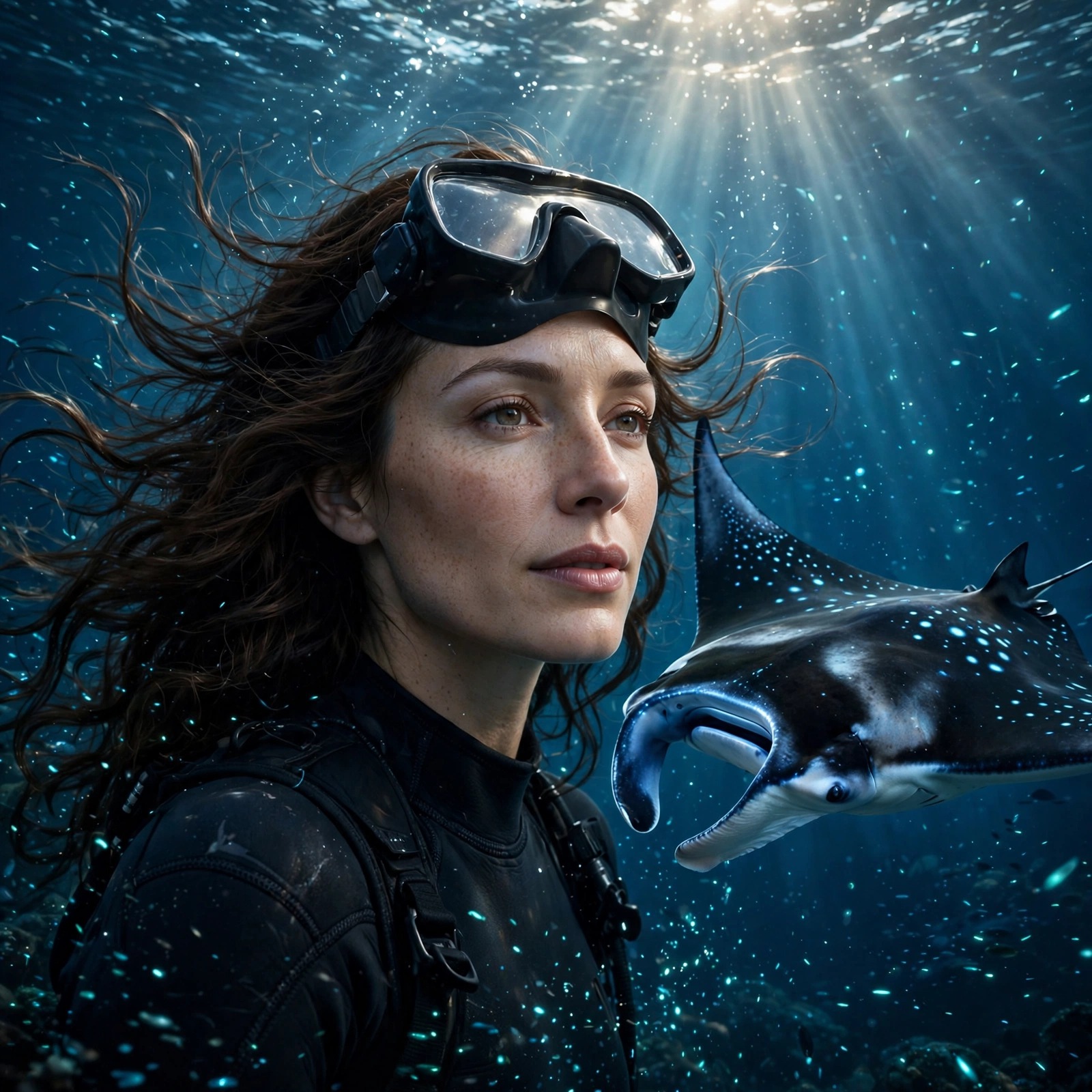 Scuba diver woman gliding beside a giant spotted manta ray underwater, square DP