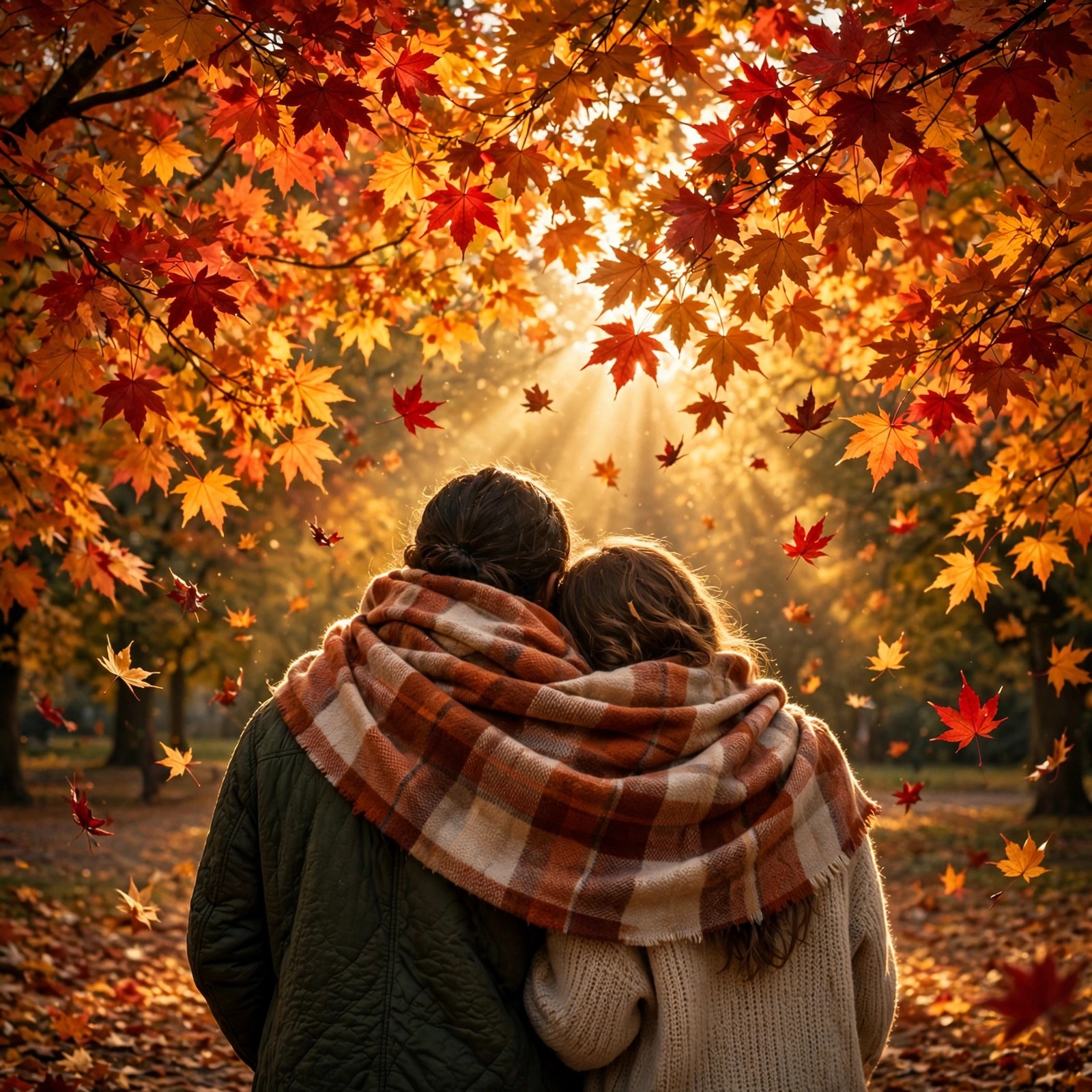Couple sharing a plaid scarf under a blazing red and gold maple leaf canopy at golden hour, romantic love DP