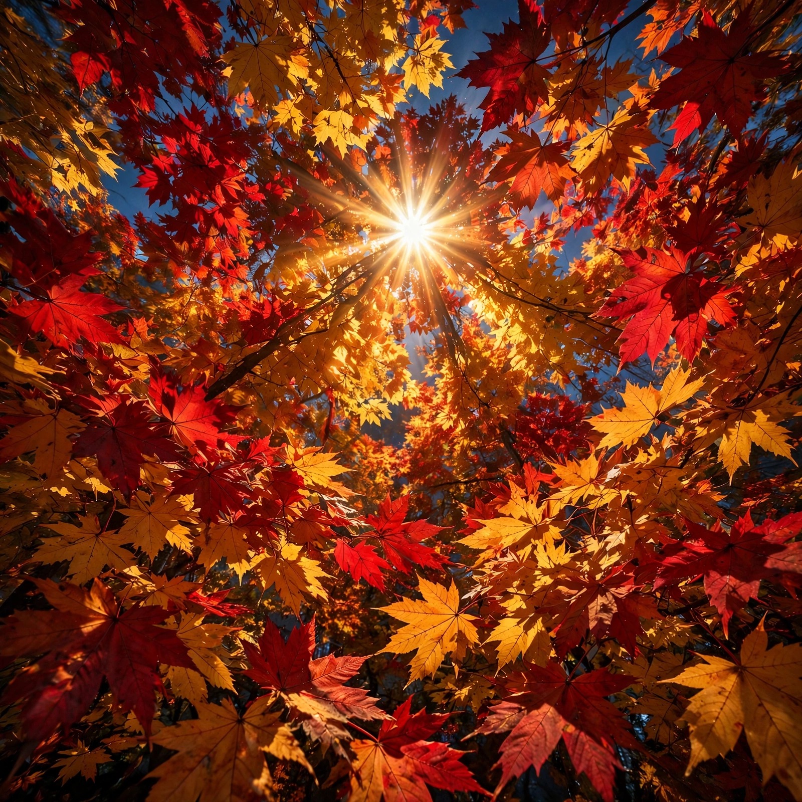 Sunburst shining through a crimson and gold autumn maple canopy, nature profile picture