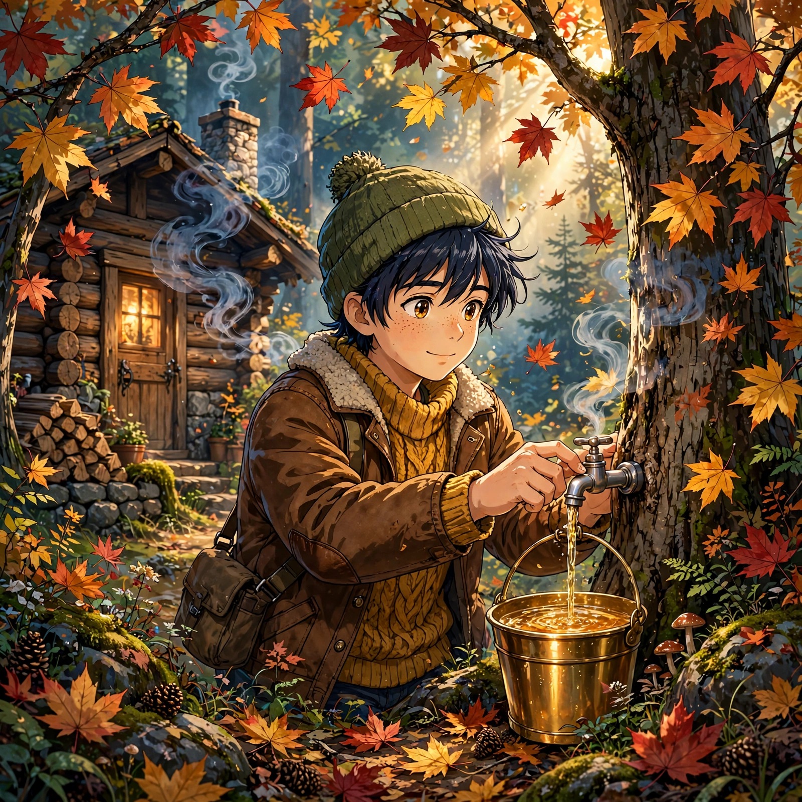 Anime boy profile picture tapping maple syrup at a forest cabin