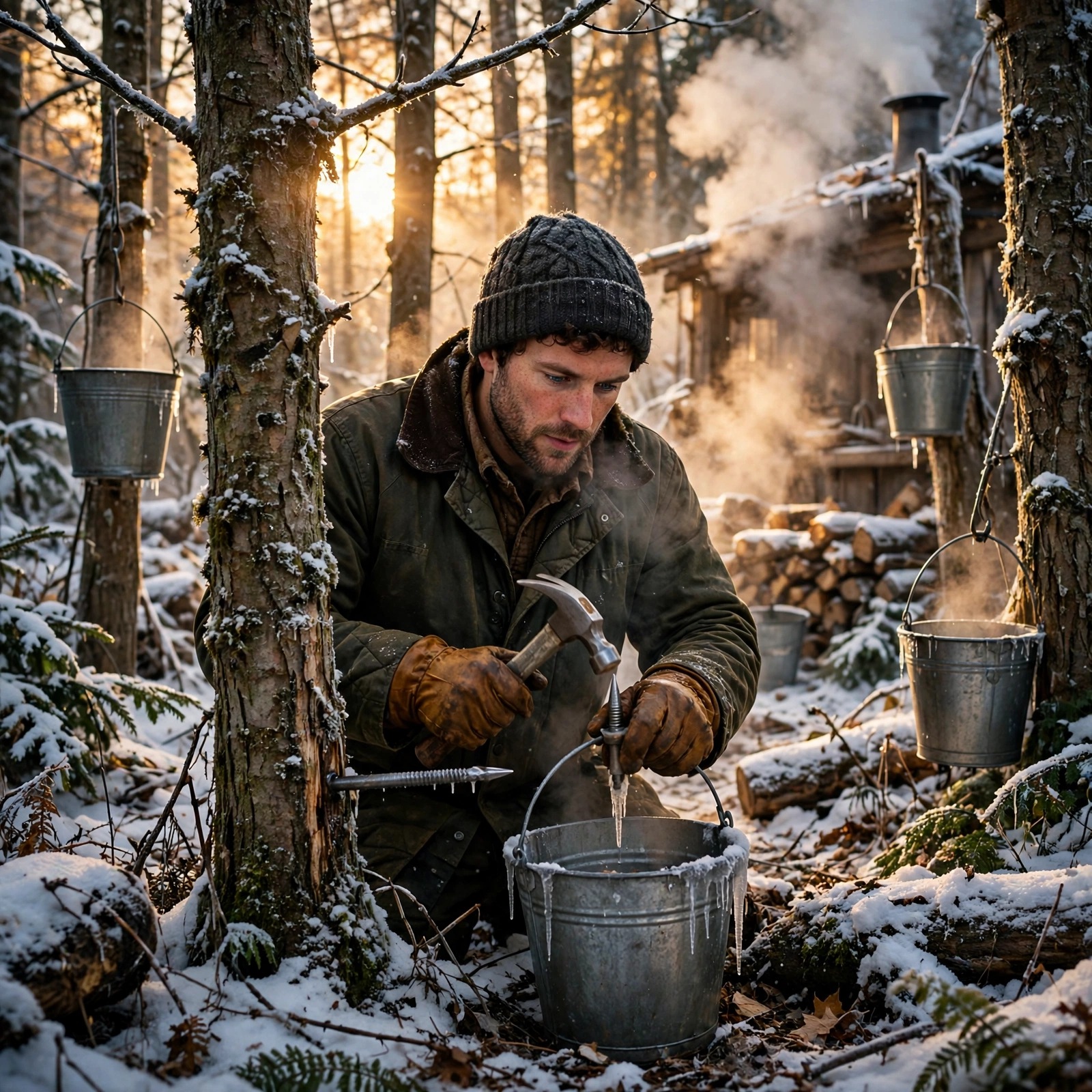 Maple Syrup Tapper in Snowy Sugar Bush