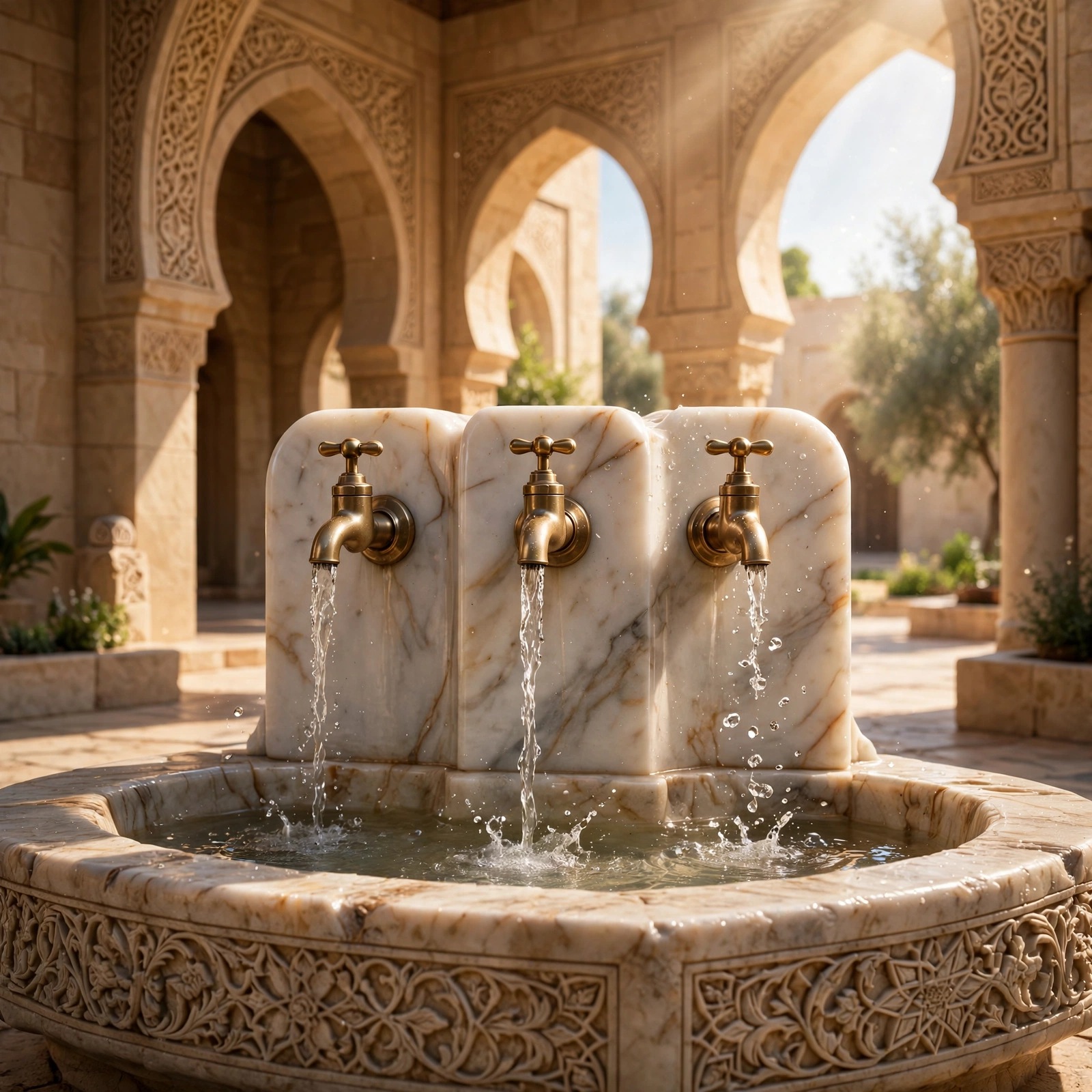 Marble ablution taps with flowing water in a mosque courtyard