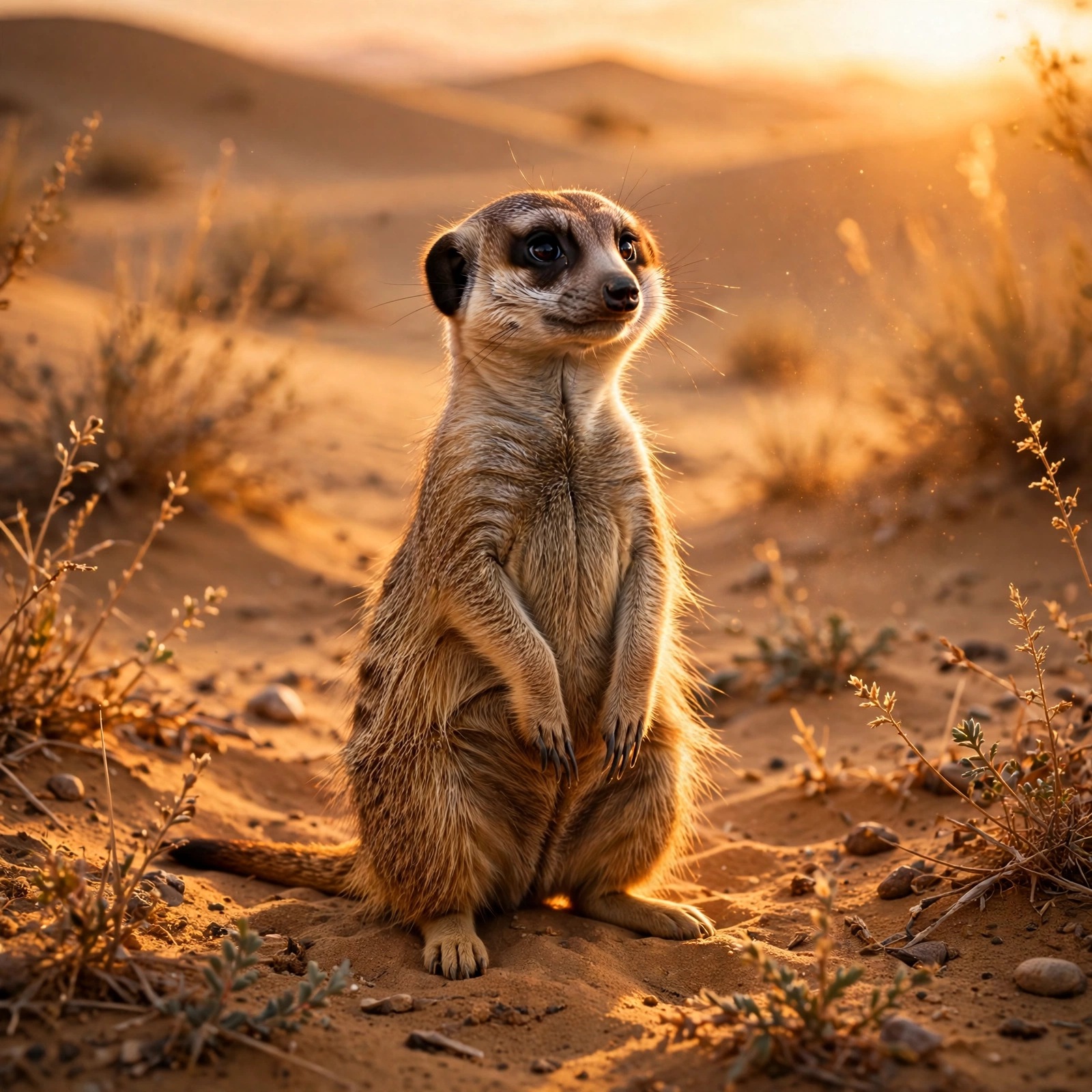 Meerkat standing upright on desert lookout at sunset