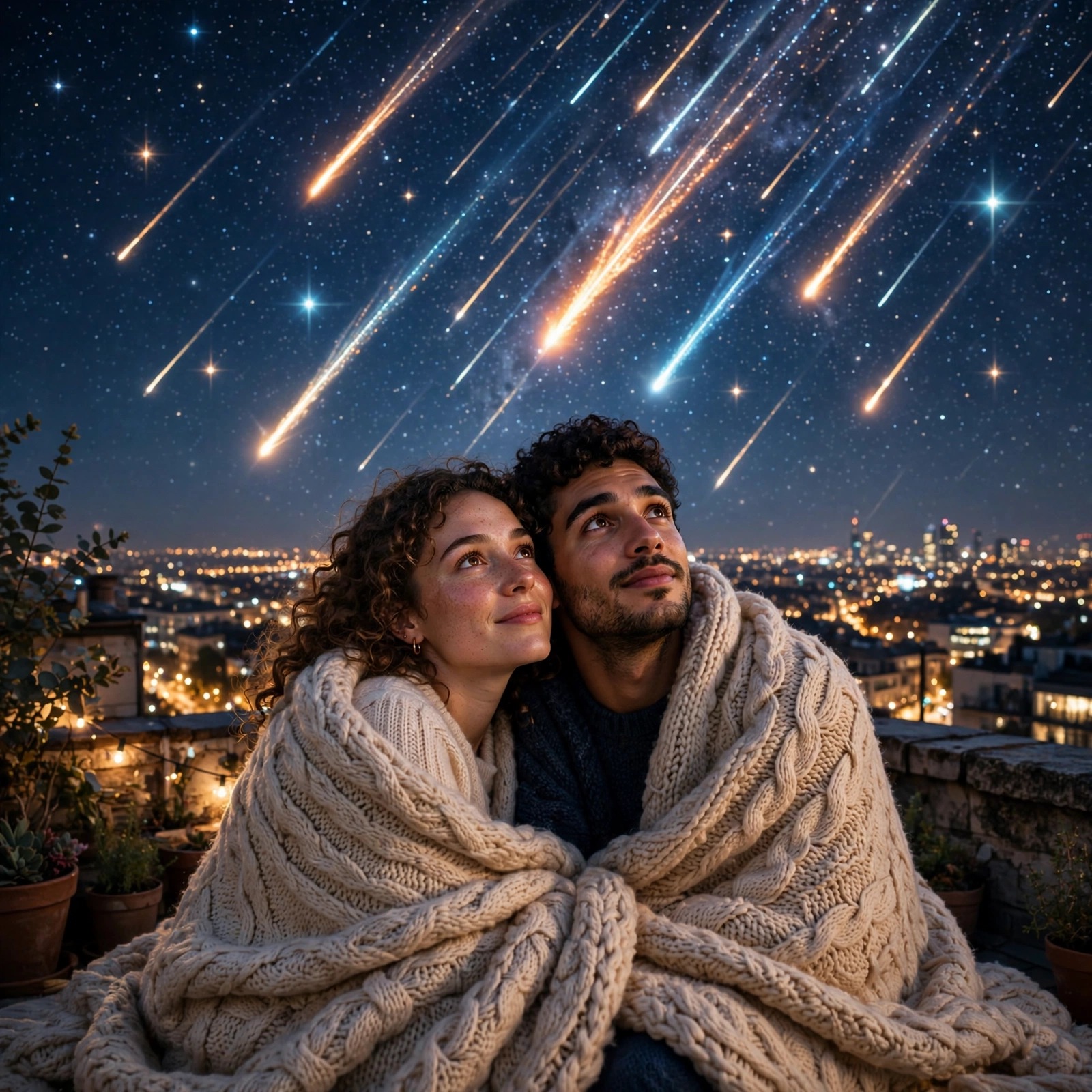 Couple wrapped in a blanket watching a meteor shower from a rooftop