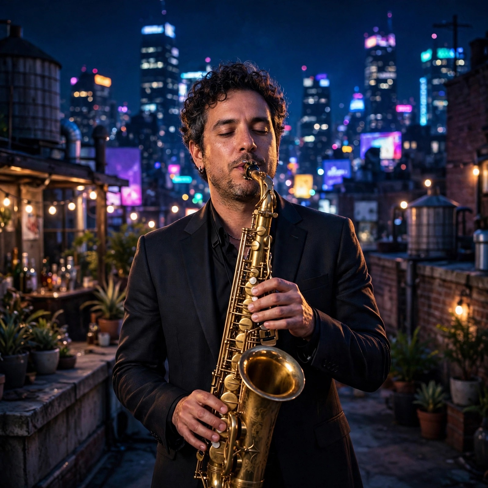 Confident jazz saxophonist attitude profile picture on a rooftop at midnight