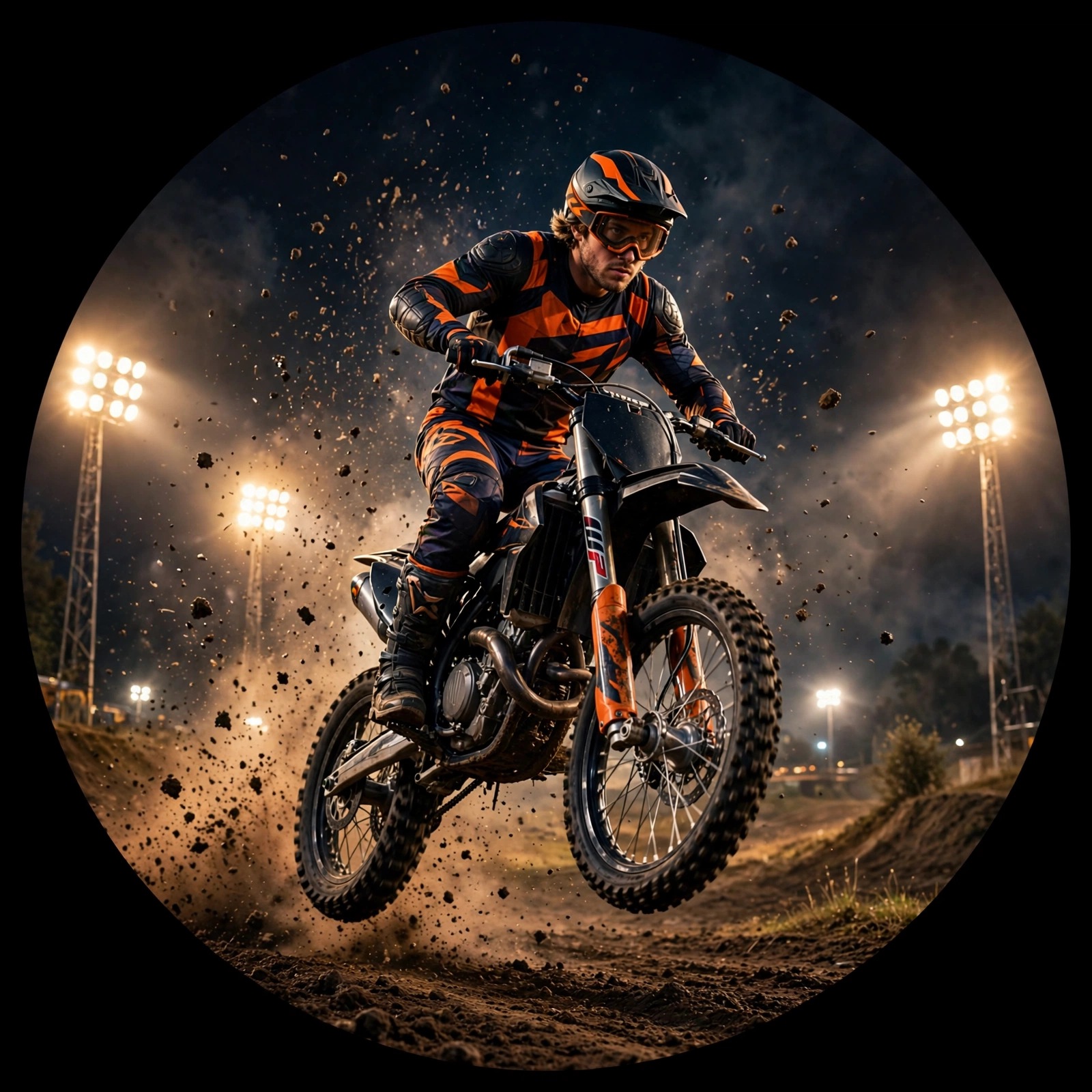 Midnight Motocross Jumper Under Floodlights