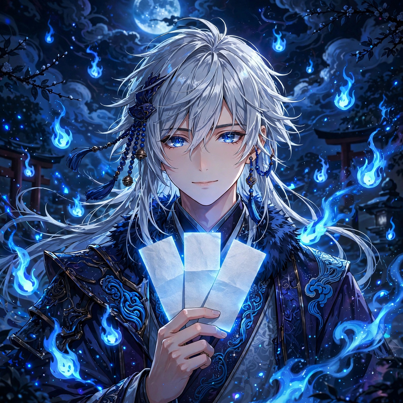 Anime onmyoji boy with glowing talismans under midnight moon, anime WhatsApp DP