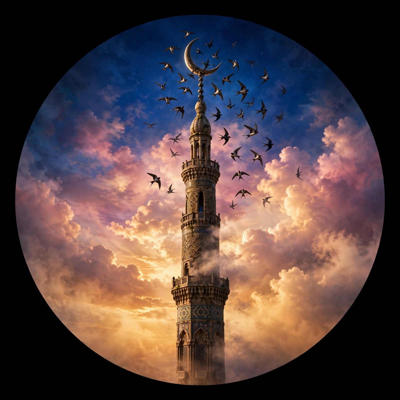 Minaret piercing pink sunrise clouds with swallows around its crescent finial
