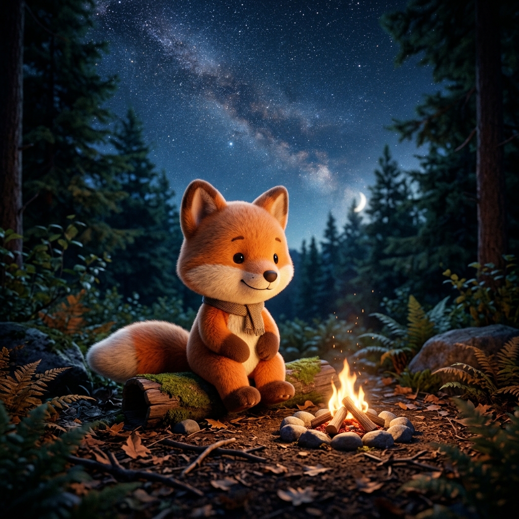 A soft 3D fox character sits beside a tiny campfire under a starry forest sky