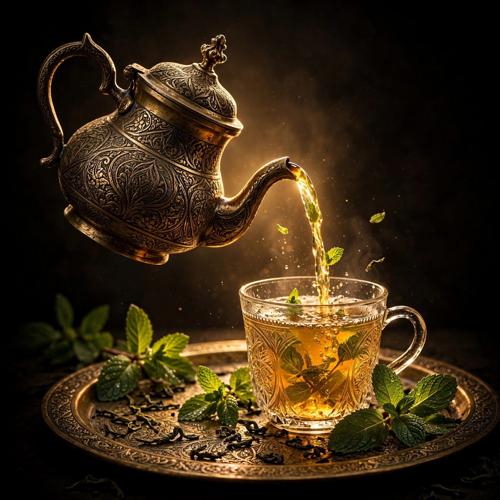 Ornate engraved brass teapot pouring a golden stream of mint tea into a decorated glass cup on an engraved brass tray with fresh mint sprigs