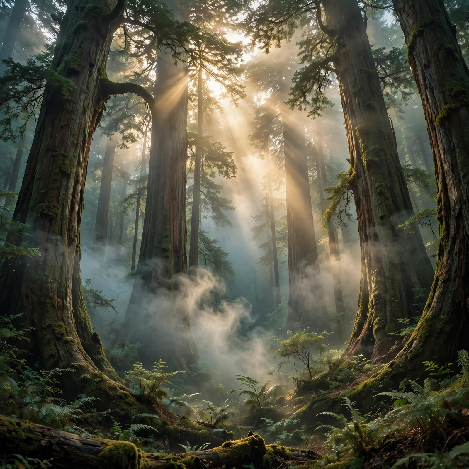 Mist curling between giant ancient redwood trees