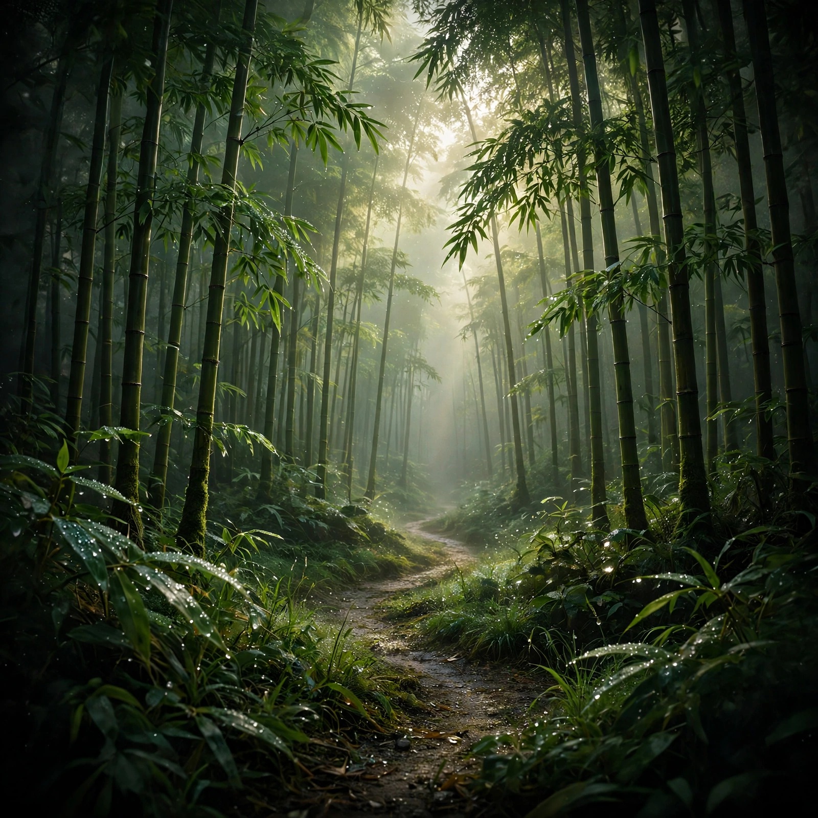 Misty bamboo forest path with morning god rays, aesthetic DP