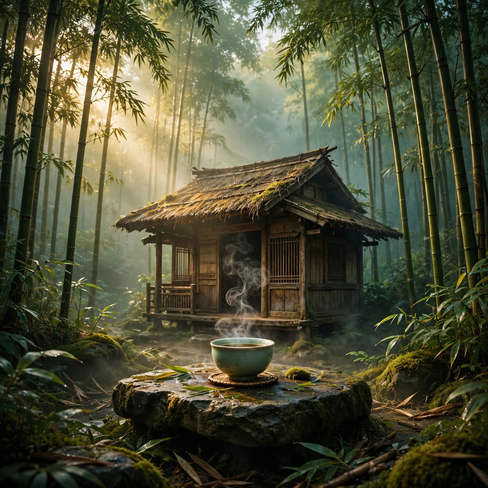 Wooden teahouse among misty bamboo stalks at dawn with a steaming tea bowl