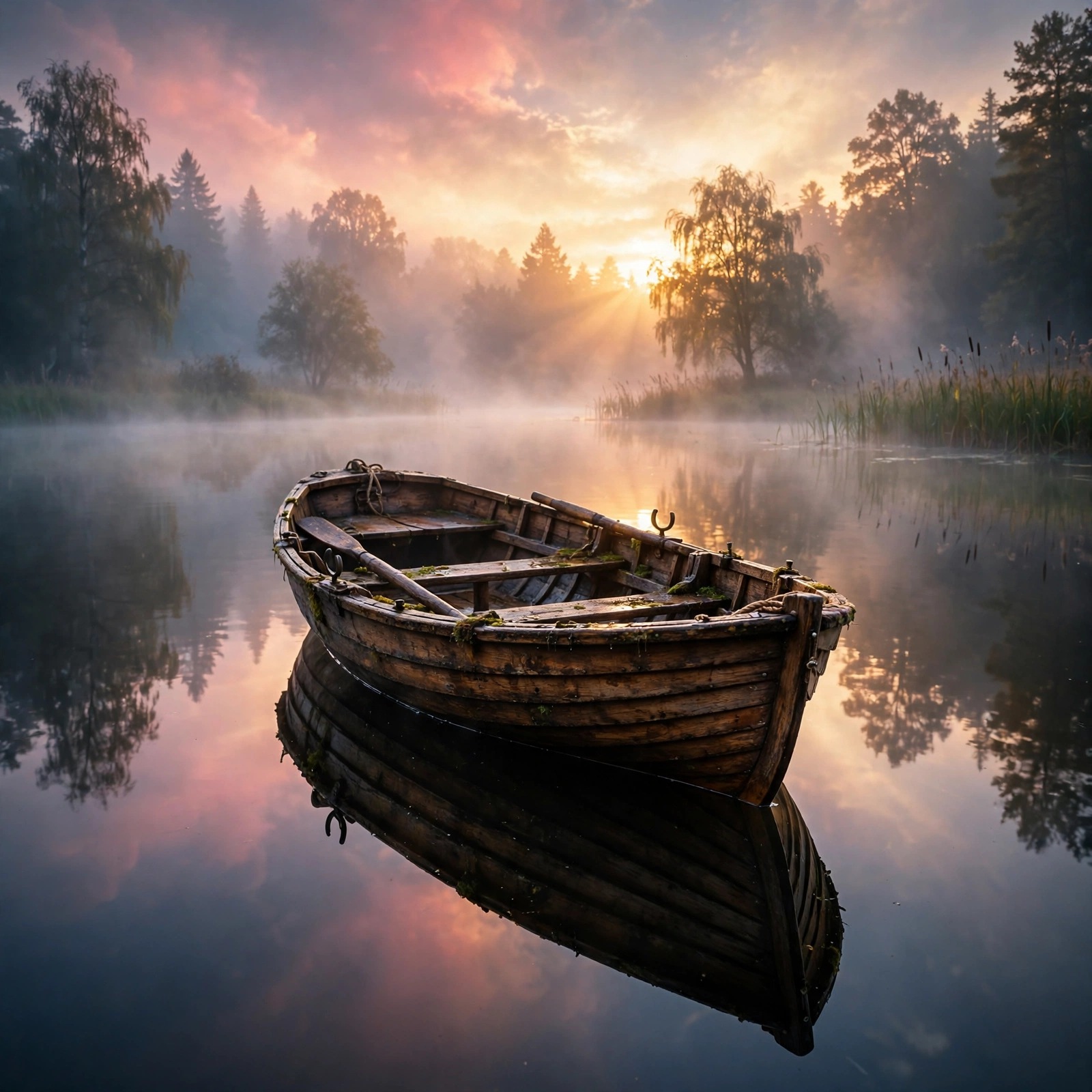 Misty Lake Rowboat at Dawn