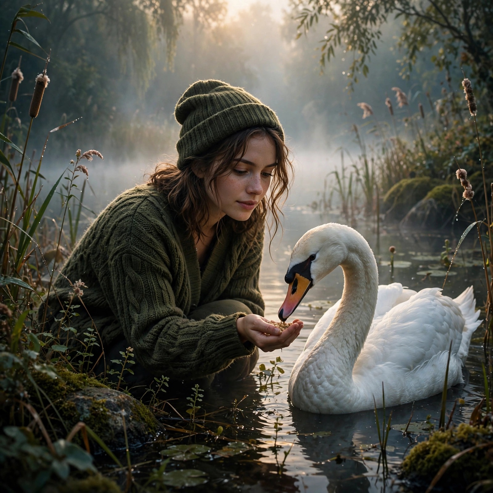 Misty lake swan feeding profile picture — original AI artwork for WhatsApp DP