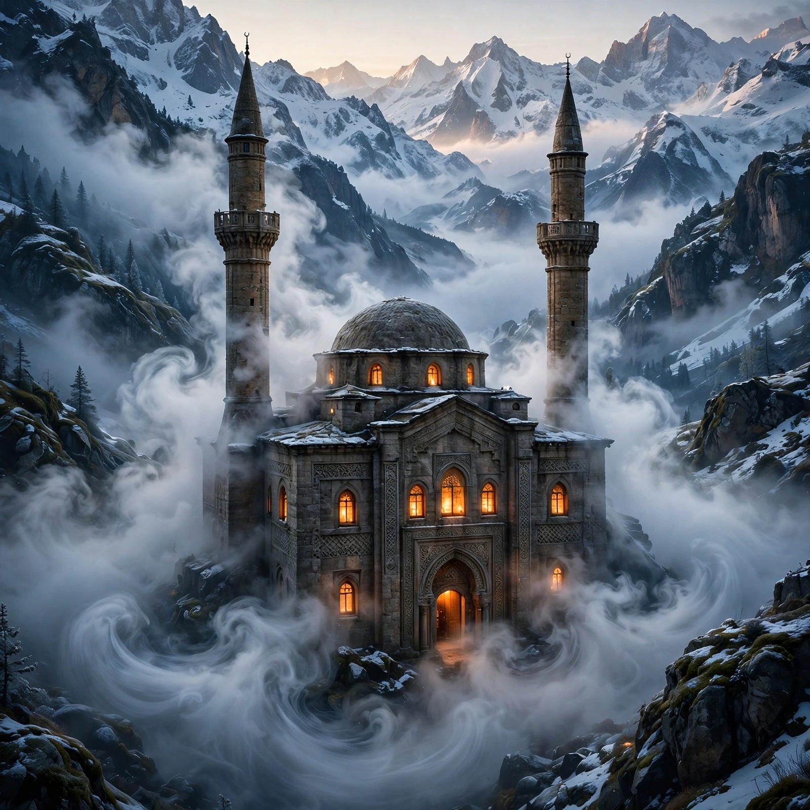misty mountain mosque fog islamic dp