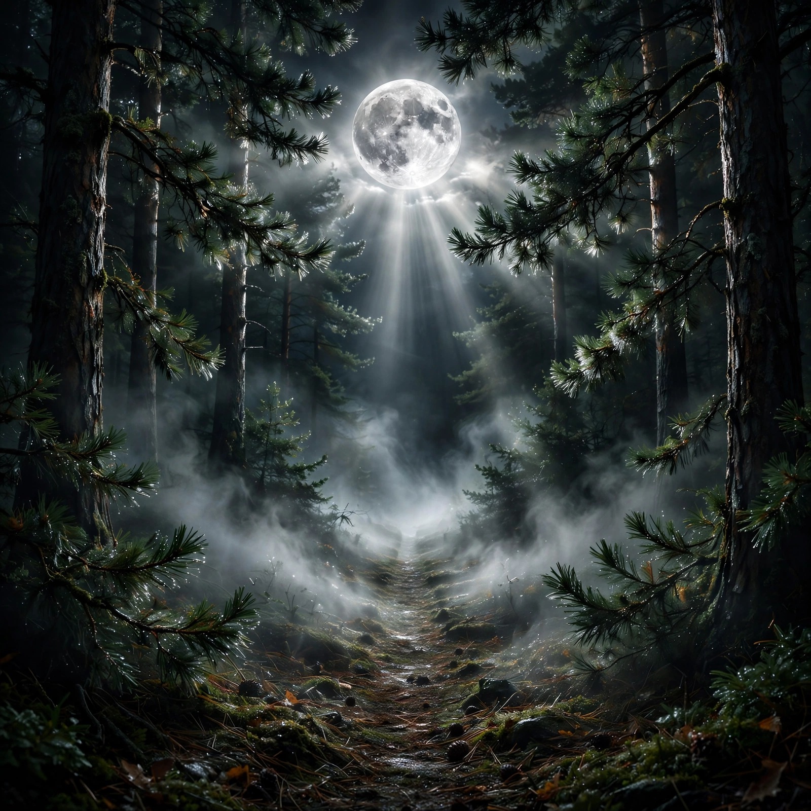 Moonlit misty pine forest at night, nature profile picture