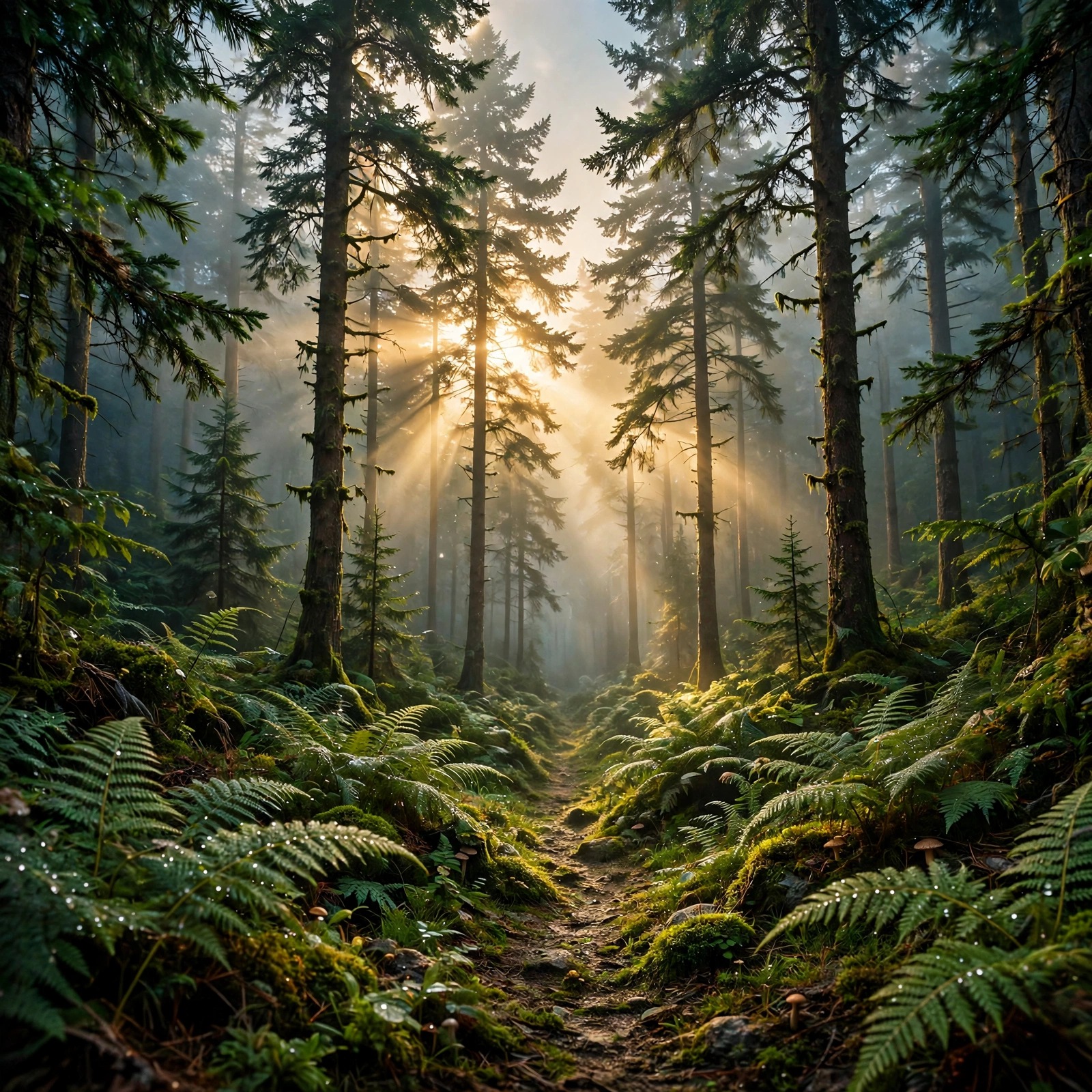 Misty pine forest with golden sunbeams in morning fog