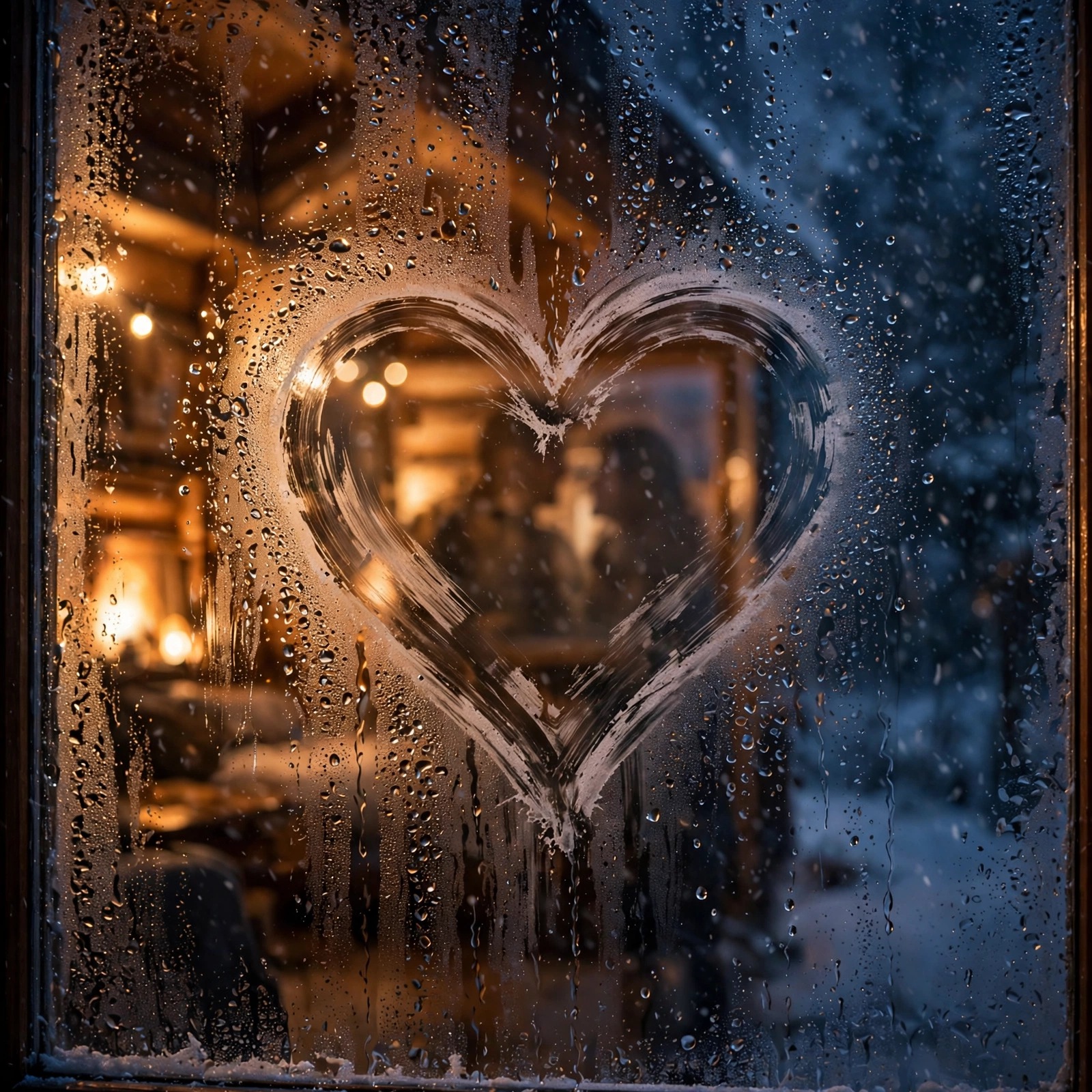 Heart drawn in window condensation with snowy night outside and warm cabin glow, romantic love DP