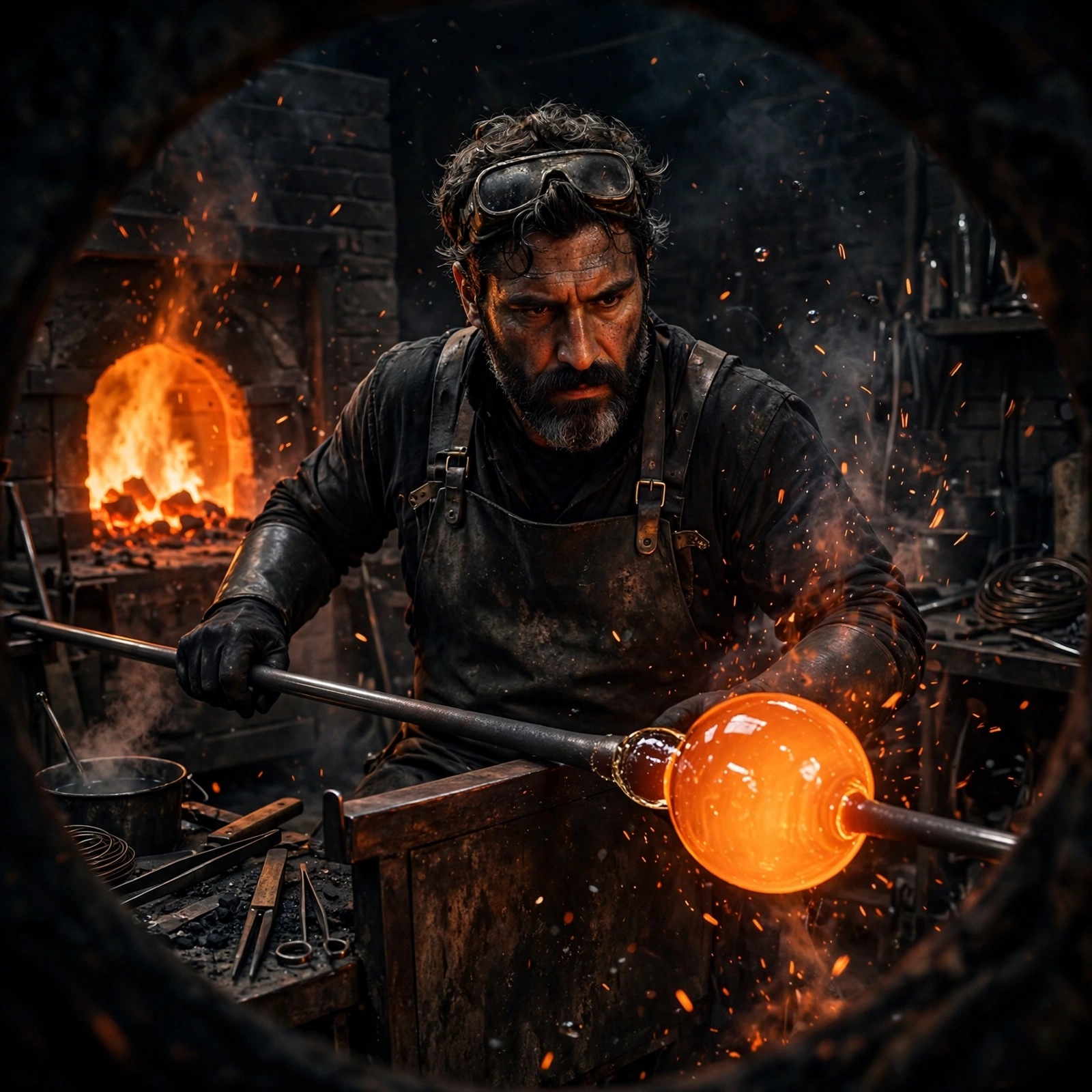 Glassblower shaping glowing molten glass orb in dark furnace workshop with sparks, attitude WhatsApp DP