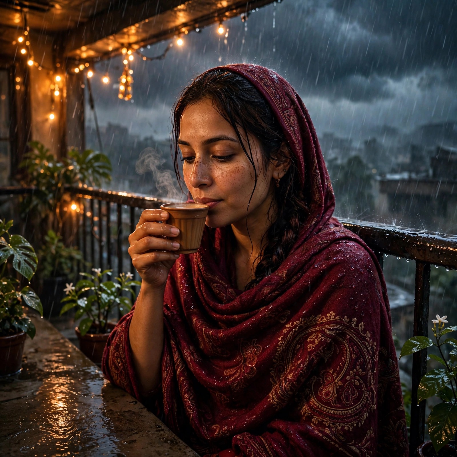 woman sipping chai on rain soaked balcony in monsoon girls dp