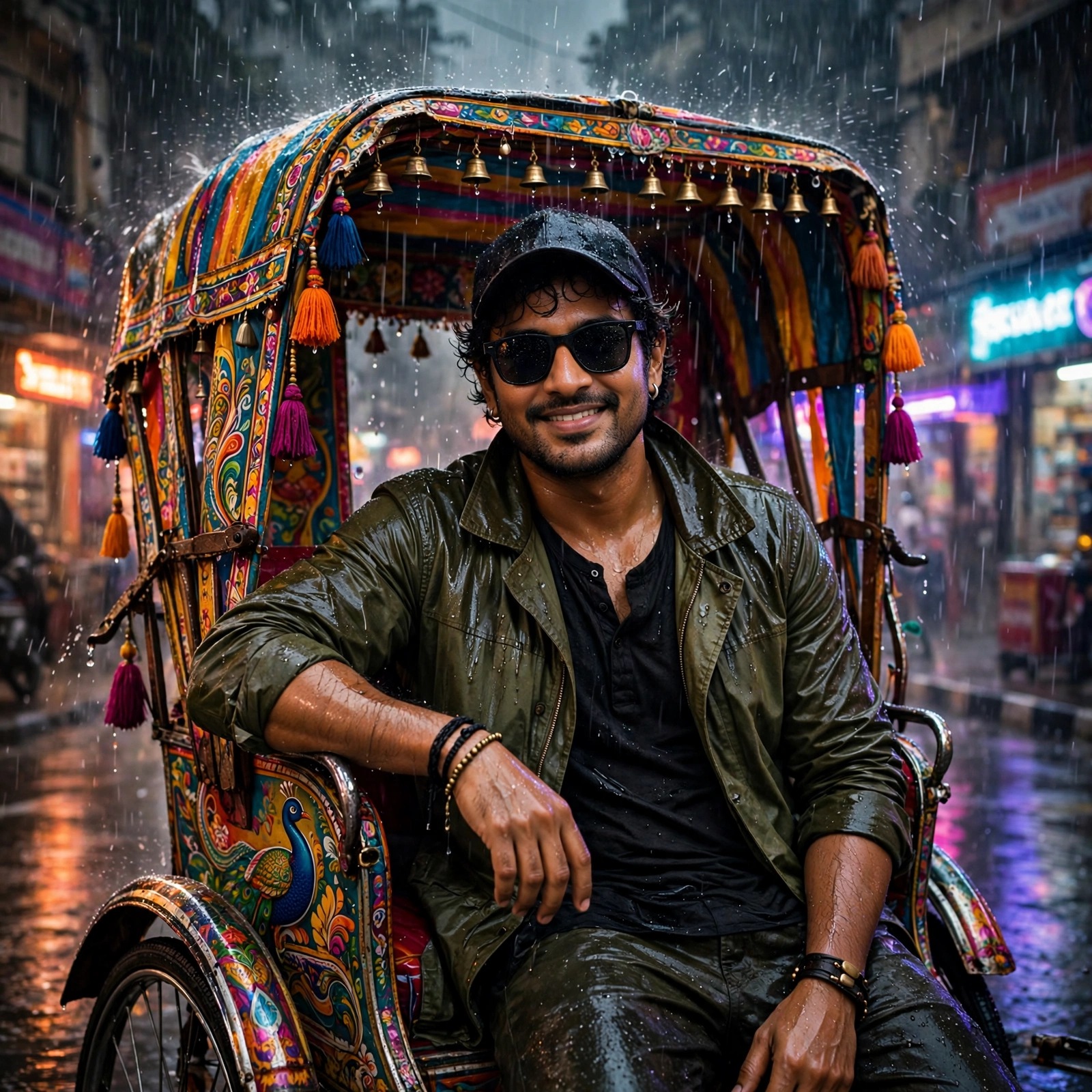Confident rickshaw driver with sunglasses in Mumbai monsoon rain