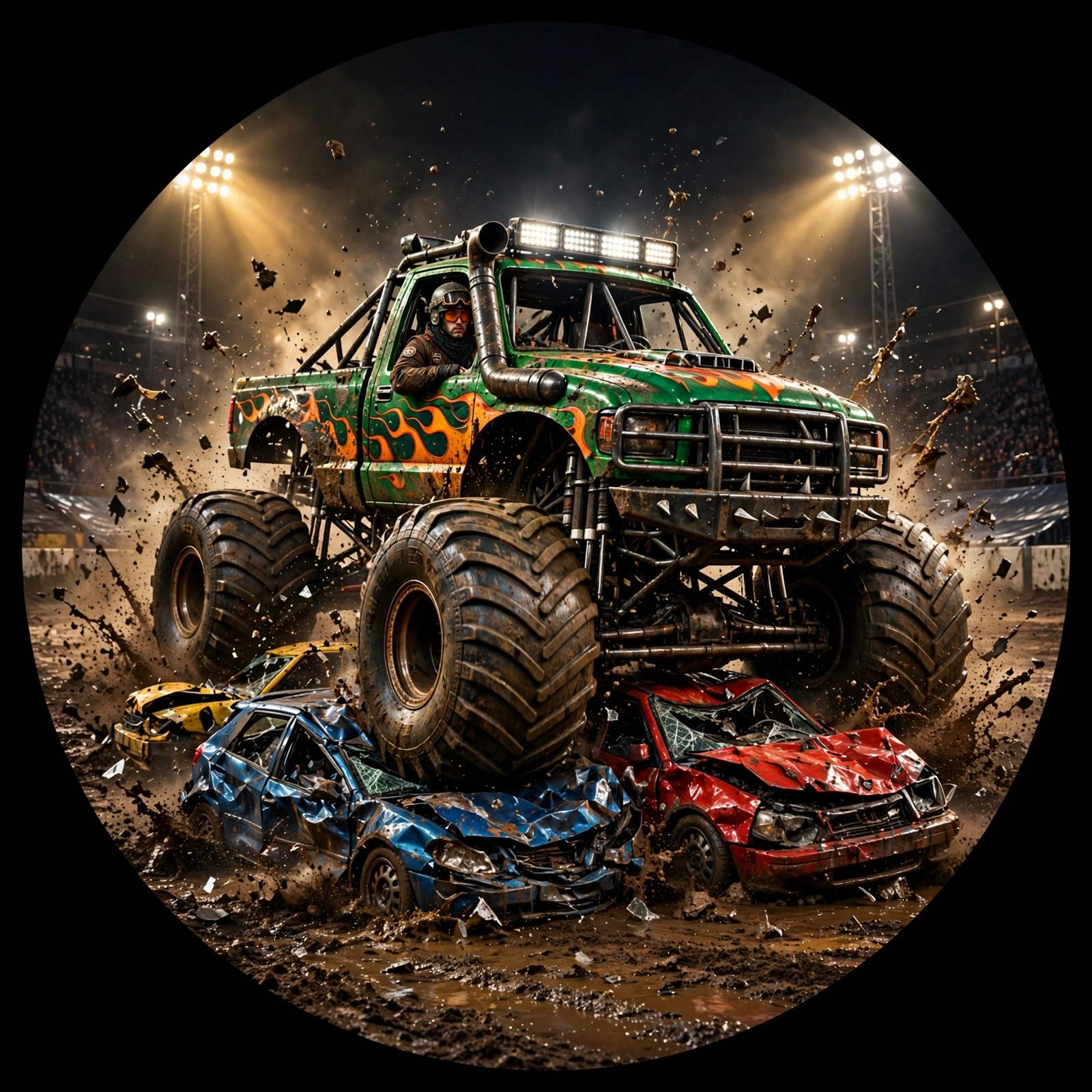 Monster Truck Crushing Cars in Mud Arena