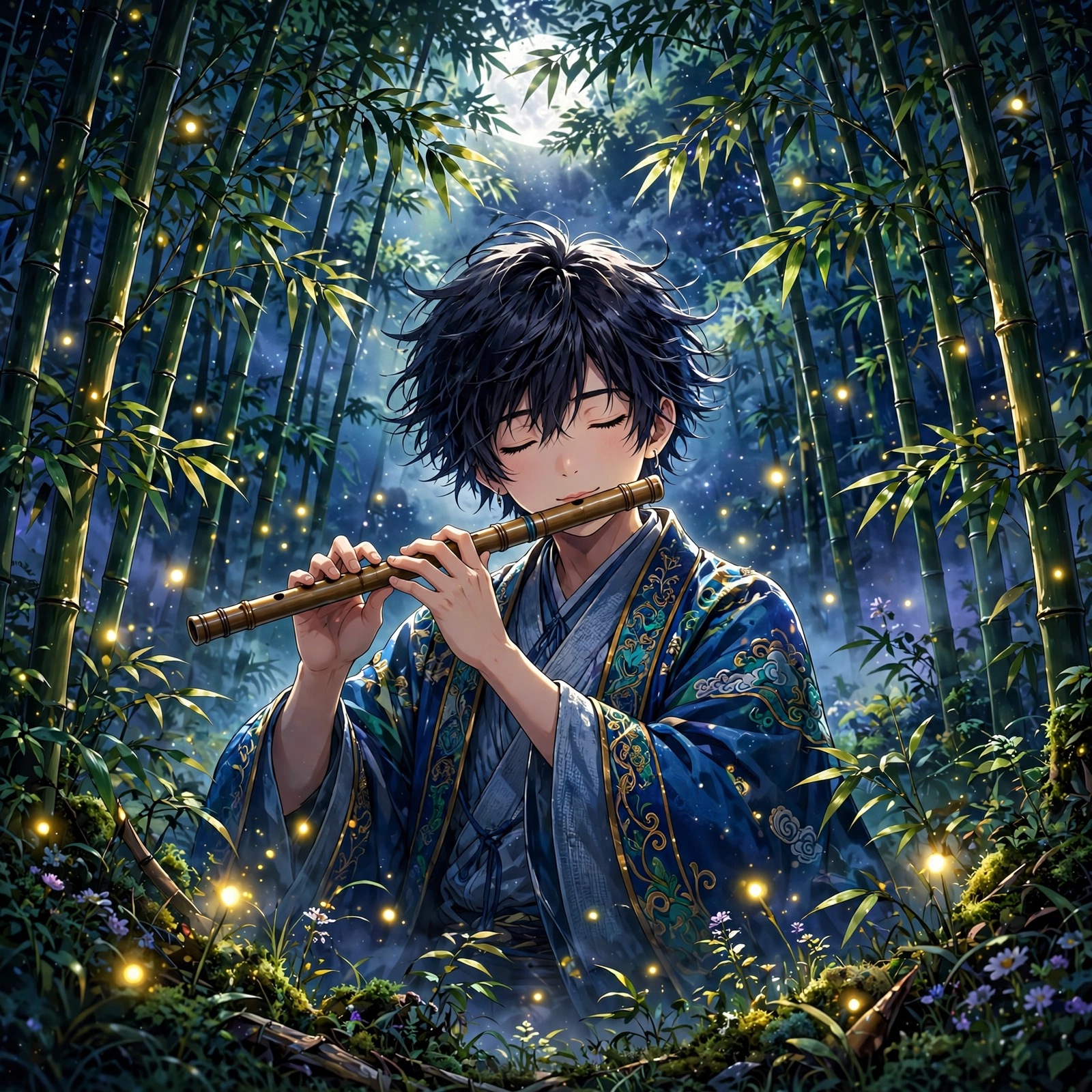 Anime boy playing a bamboo flute in a moonlit bamboo grove