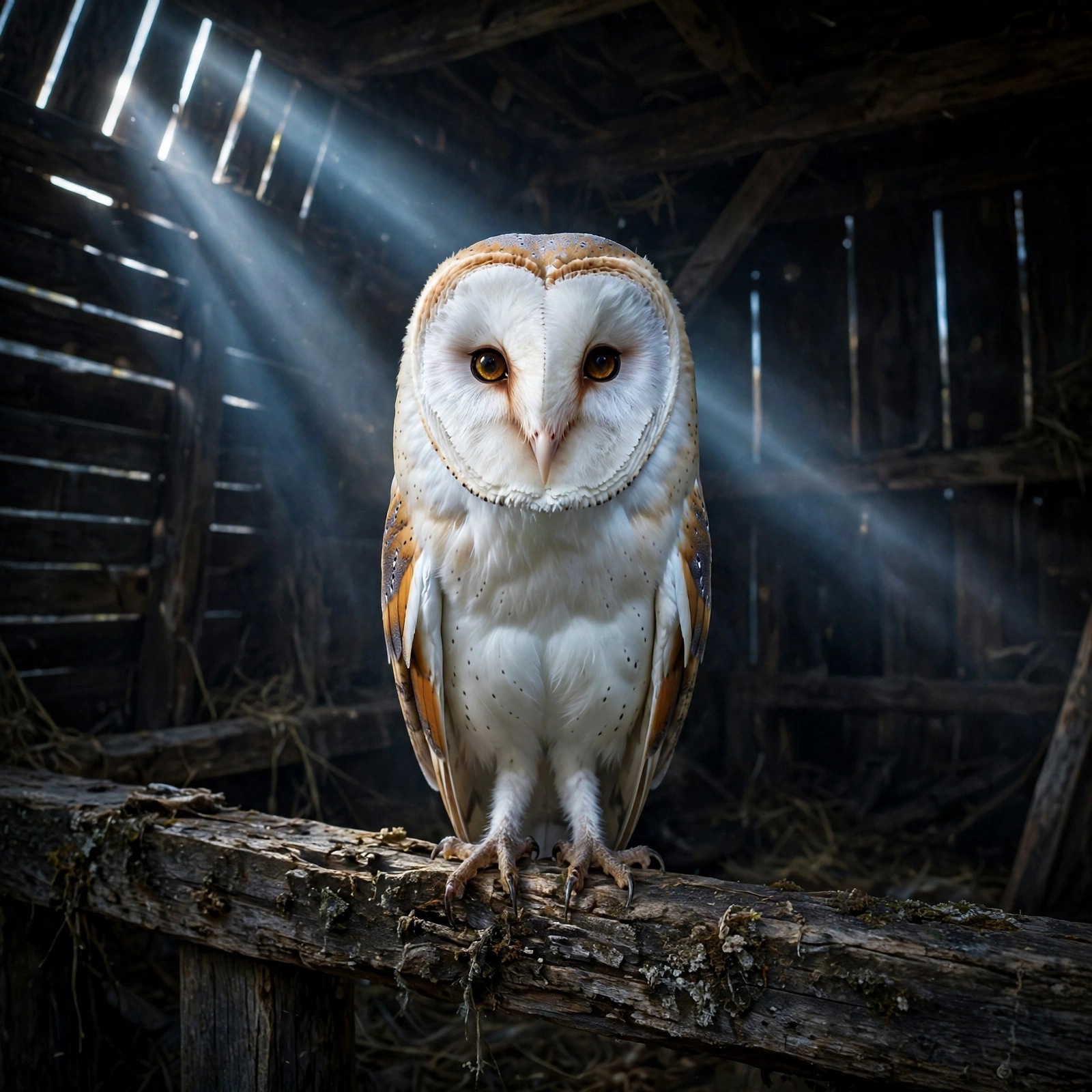 Barn owl with white heart-shaped face perched in a moonlit barn loft