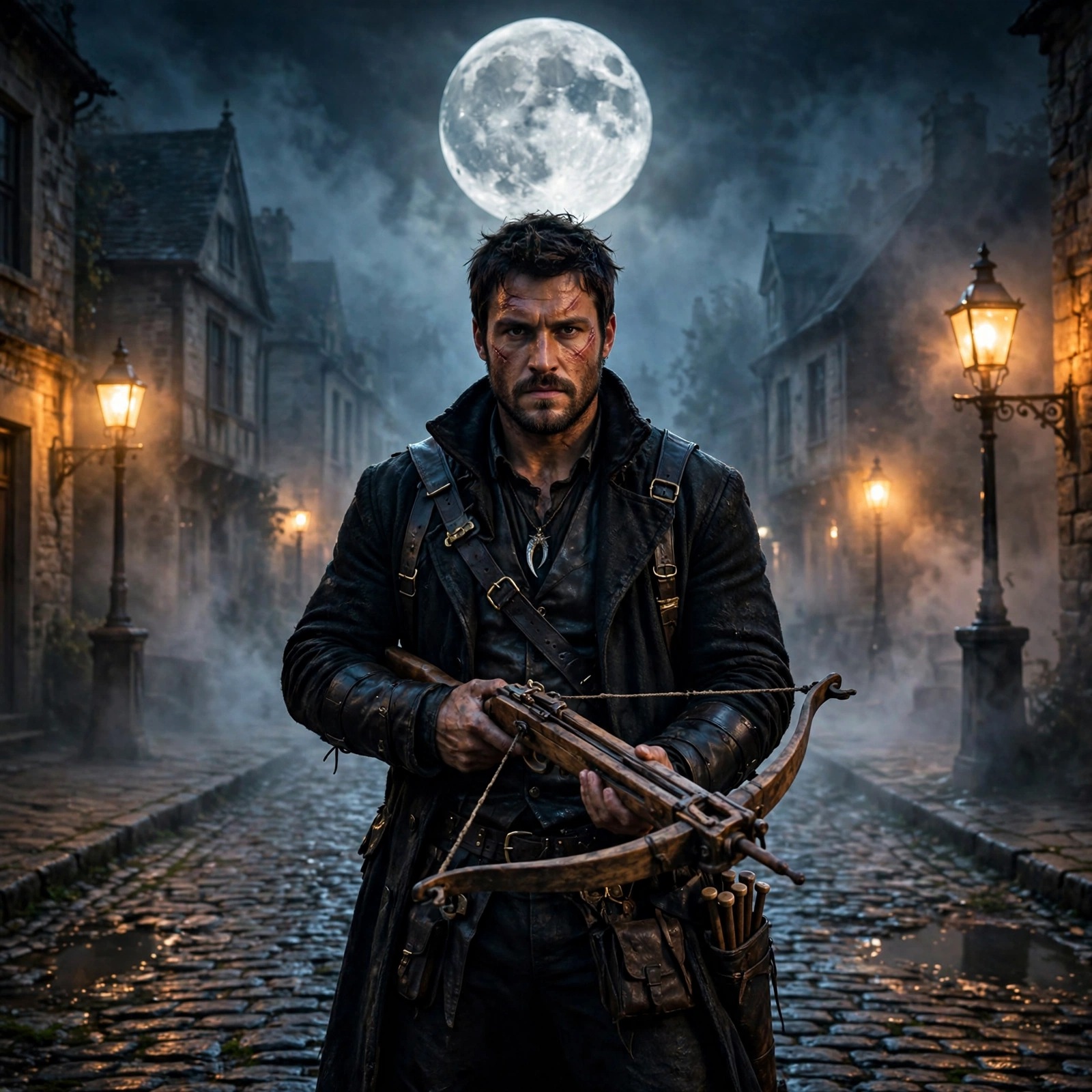 Monster hunter with crossbow on moonlit old-town street at night, attitude DP