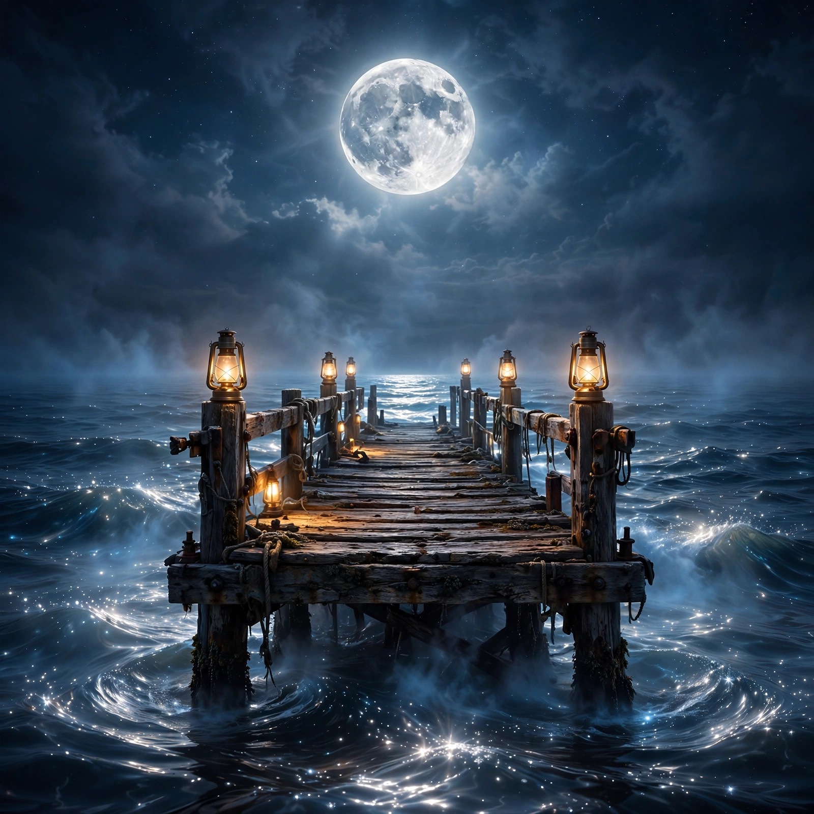 wooden pier in moonlit ocean with lanterns aesthetic dp