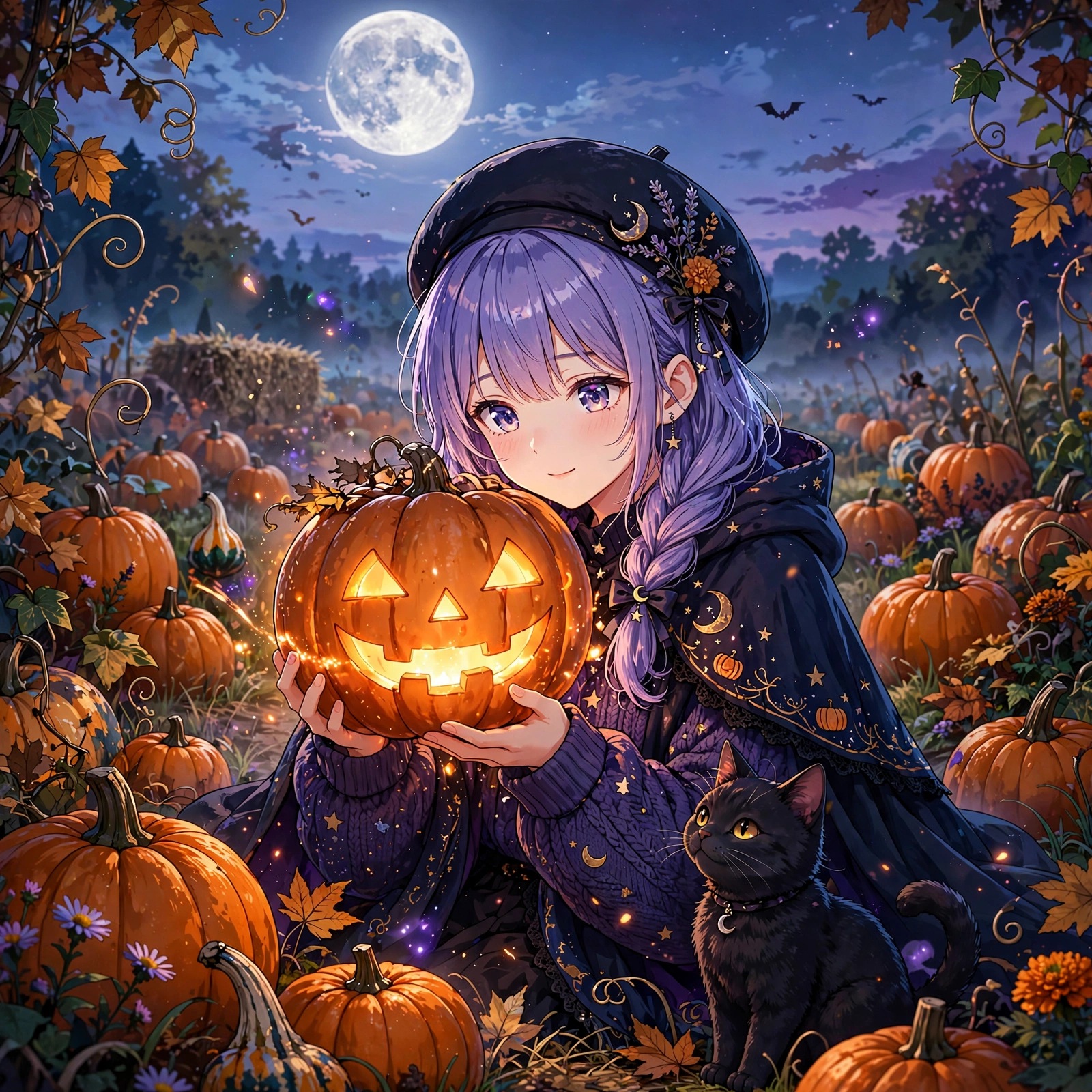 Moonlit pumpkin cat profile picture — original AI artwork for WhatsApp DP