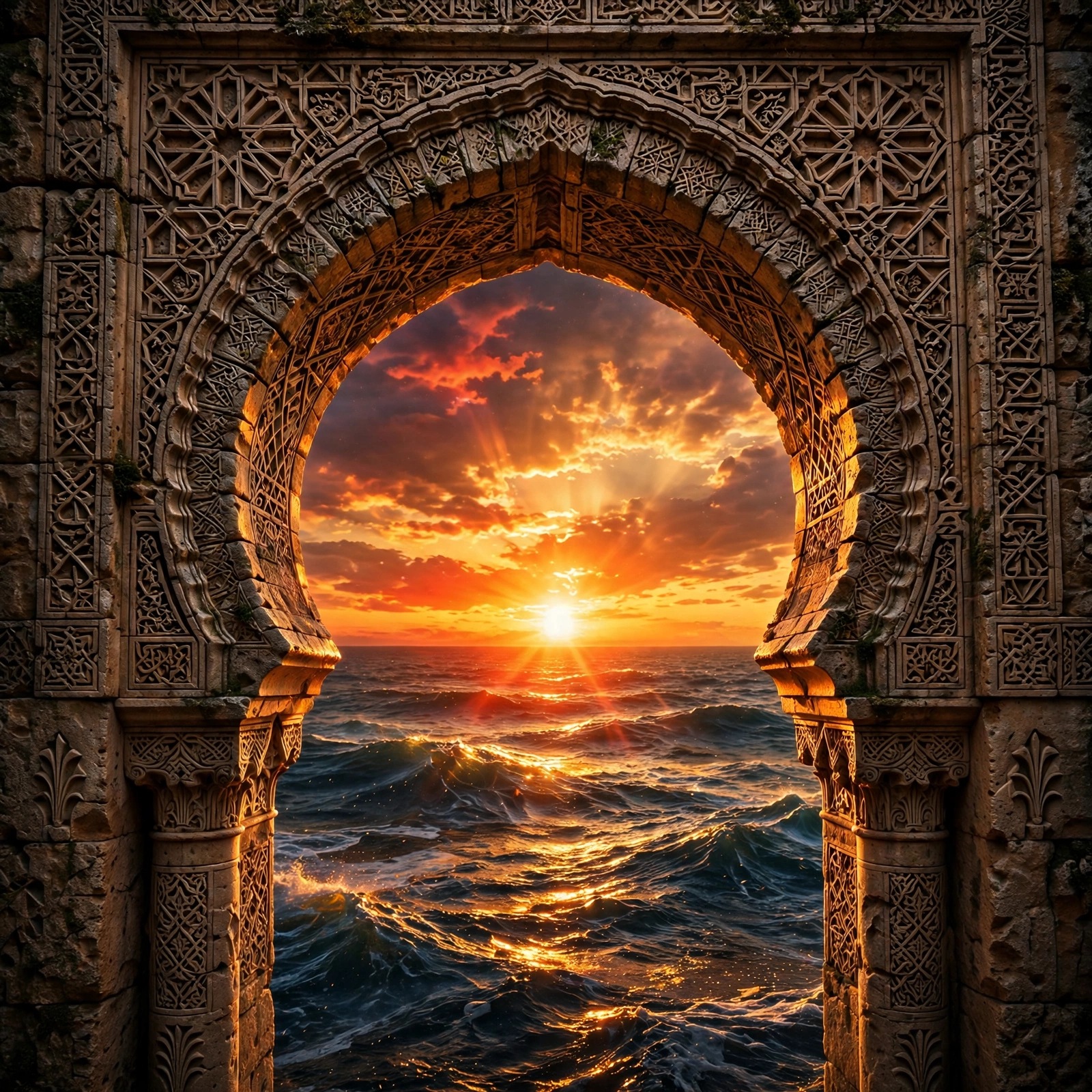 Carved Moorish stone archway framing a blazing sunset over the sea