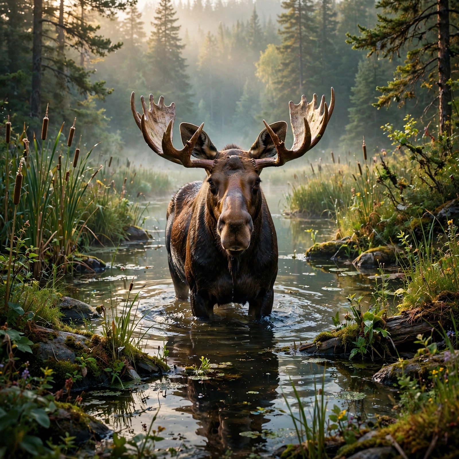 Moose wading through a misty morning lake