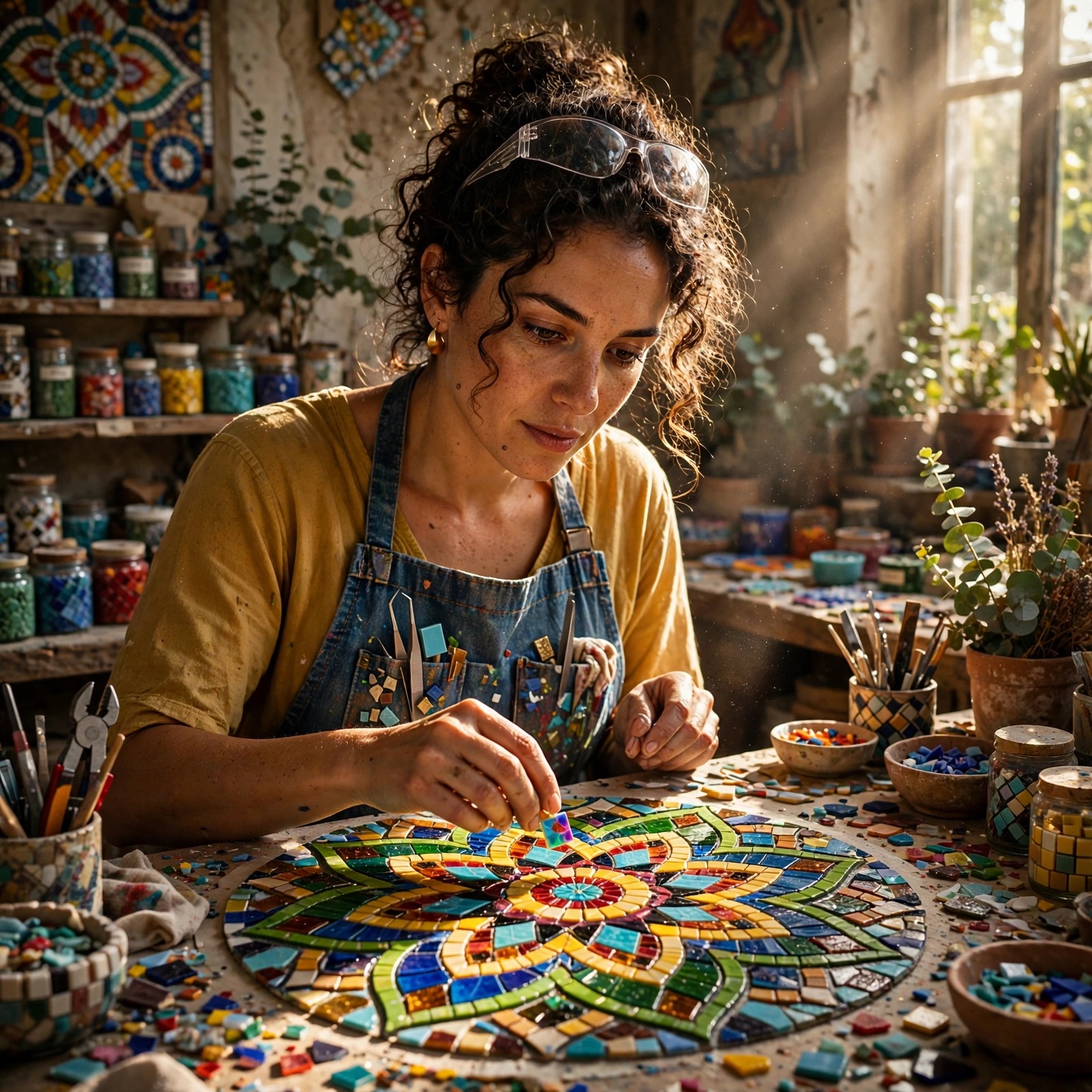 Mosaic Tile Artist in Sunlit Studio