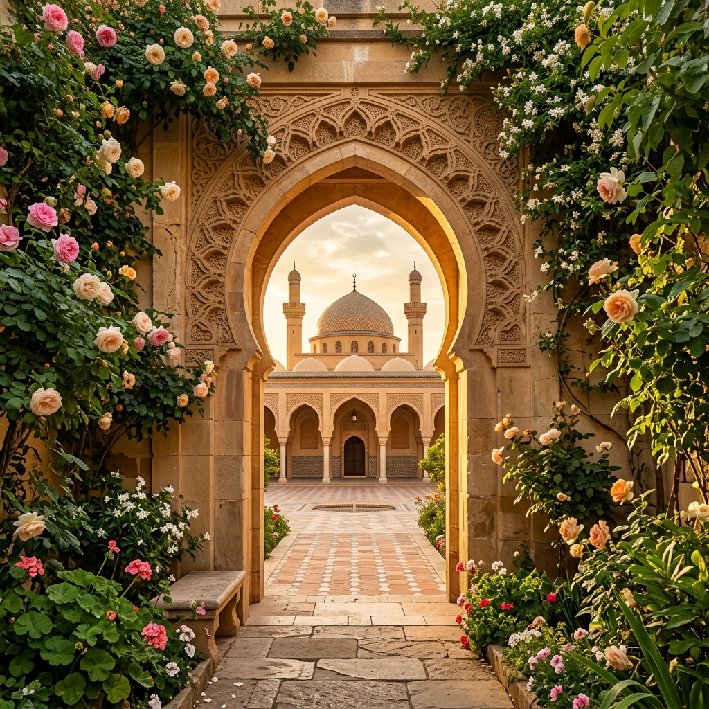 Garden flowers frame a pointed mosque arch with warm light beyond