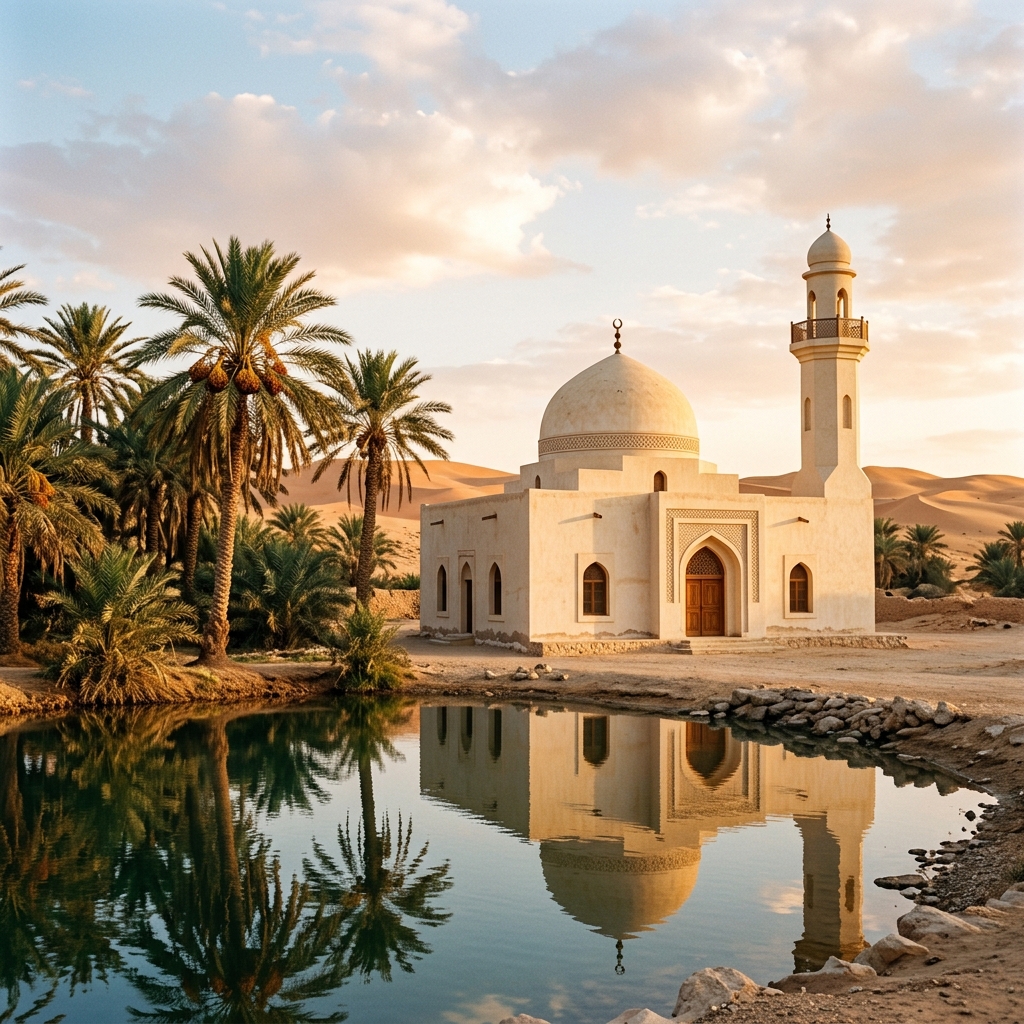 A cream mosque with a simple dome stands beside palms at a quiet desert oasis