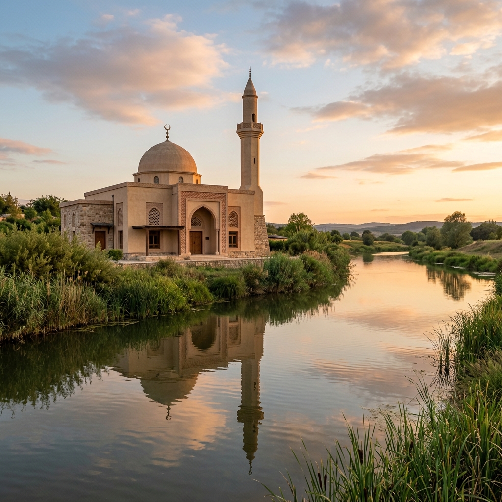 A modest riverside mosque stands beside reeds and calm water